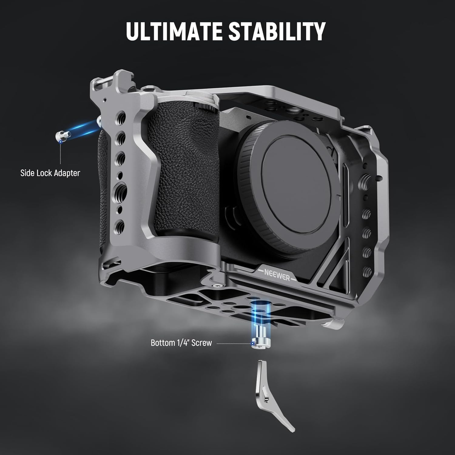 NEEWER A7C II A7CR Camera Cage, Aluminum Video Rig with QR Base Arca Type anti Slip Compatible with Sony DJI RS Gimbal, HDMI Cable Clamp, NATO Rail, Cold Shoe 3/8" ARRI 1/4" Thread, CA050 Silver image number 1