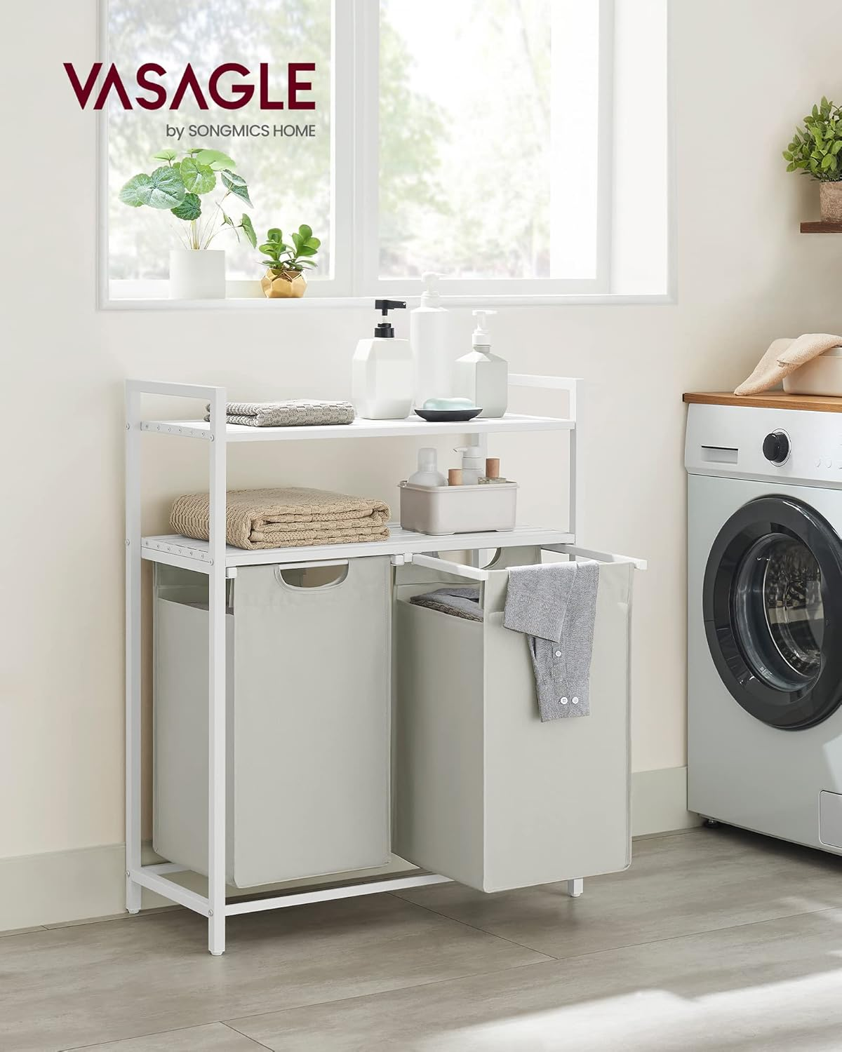 VASAGLE Laundry Hamper, Laundry Basket, Laundry Sorter with 2 Pull-Out and Removable Bags, 2 Shelves, 12.1 Gal (46L) Capacity per Bag, for Laundry Room, White UBLH211W01 image number 4
