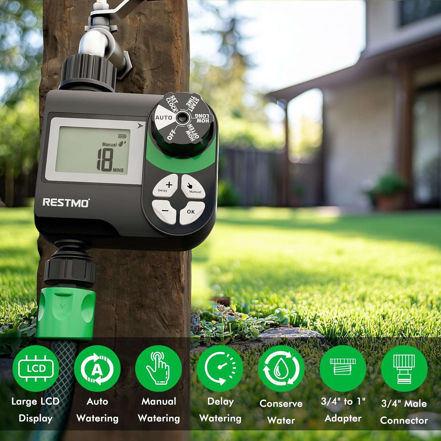 RESTMO Tap Timer, Irrigation Hose Timer with Rain Delay/Manual/Automatic Watering System, Water Timer for Outdoor Faucet, Garden Sprinkler, Yard and Lawn image number 6