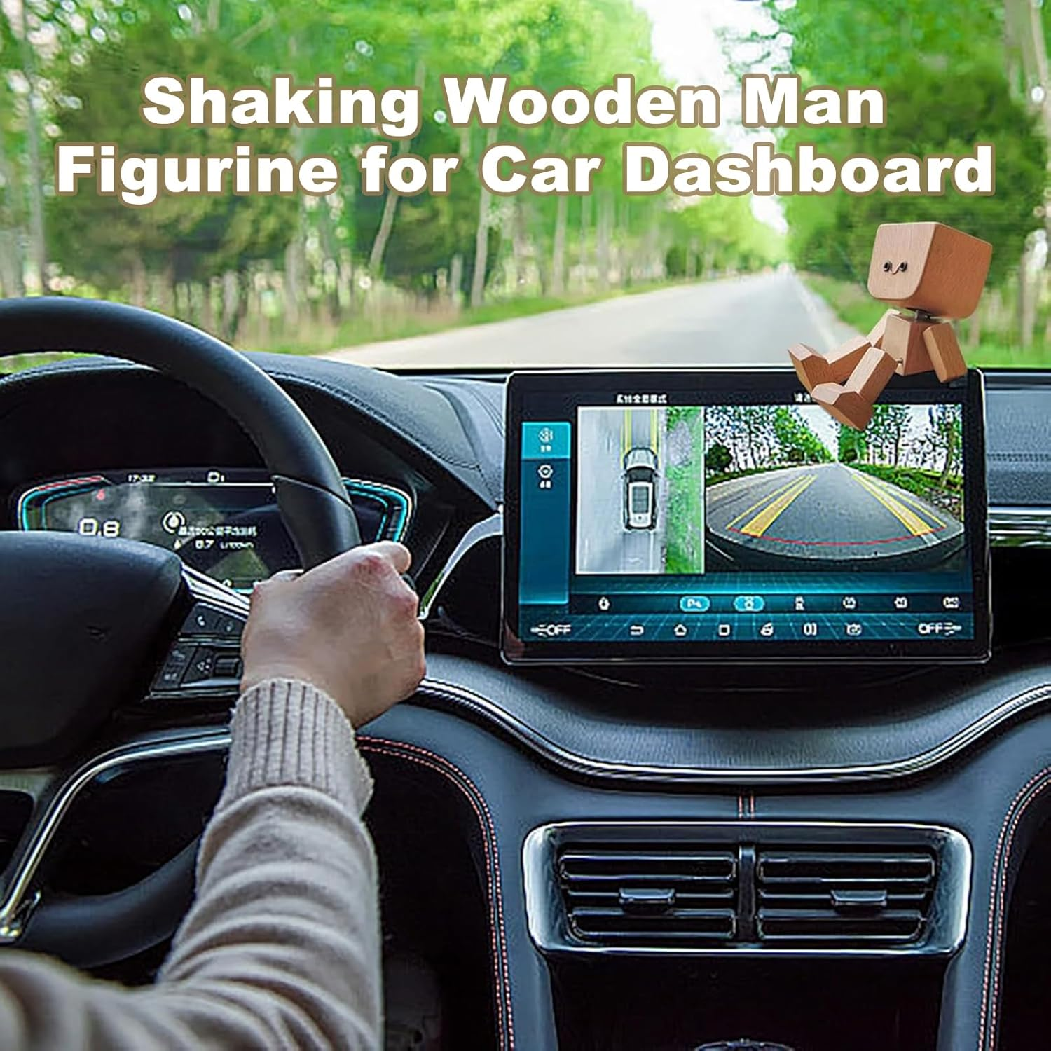 Shaking Wooden Man Figurine for Car Dashboard, Shaking Feet Wooden Doll with 12PCS Magnetic Expressions, Handmade Creative Wood Desktop Decor