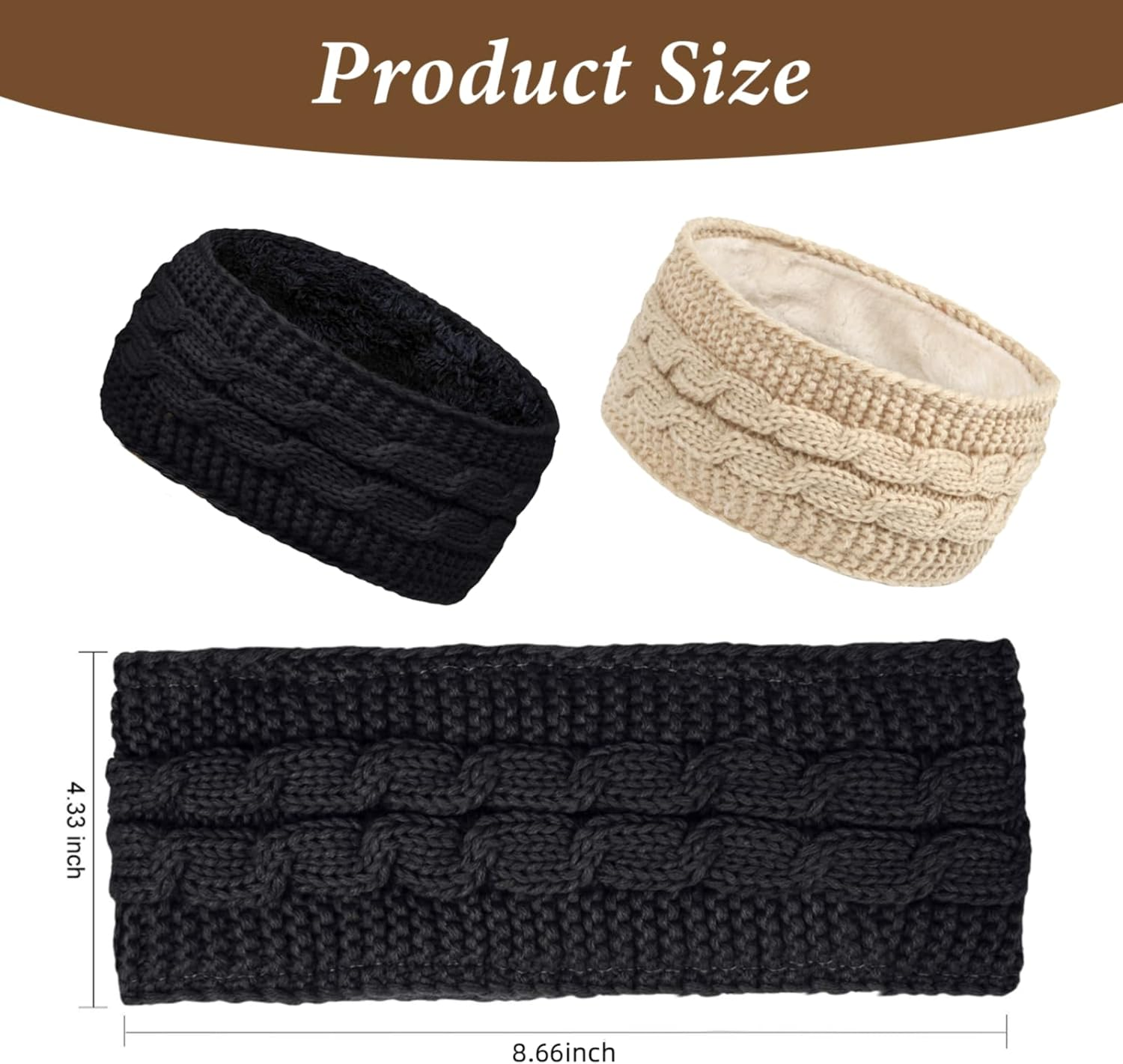 Pack of 2 Winter Headband for Women, Elastic Knitted Hair Band, Girls Thick Warm Headbands, Ear Warmers, Headband, Thermal Headband (Black, Beige) image number 4