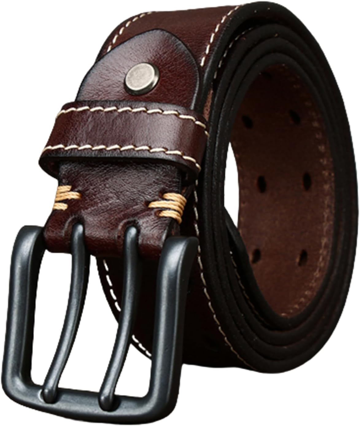 Double Prong Buckle Full Grain Real Cow Leather Belt - Stitched, Work/Casual Grommet Holes, 38Mm for Men Women