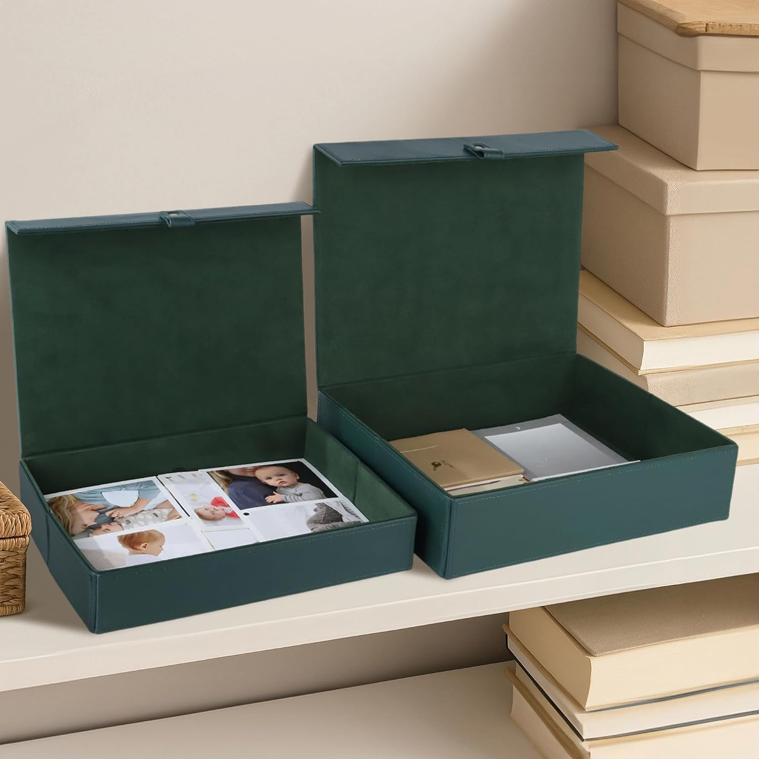 Hofferruffer Photo Storage Boxes with Dust-Proof Lid, Set of 2 Faux Leather Lidded Storage Bins, Photo, Jewelry, Scrapbooking Supplies, Keepsake Organizer for Elegant Home & Office Decor (Green) - Creamwhite image number 4