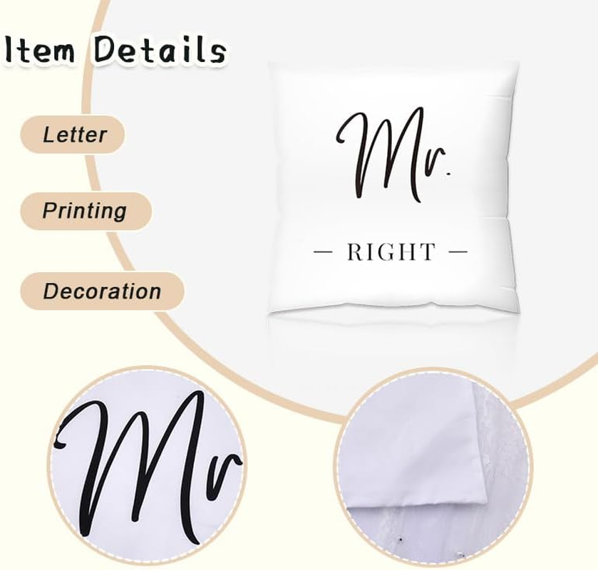 Romantic Couple Pillow Cover Gifts for Husband Hubby Mr Right Pillowcase for Newlywed Fiance Wedding Anniversary Birthday Gifts for Him Boyfriend Groom 18X 18 Cushion Case Bedroom Home Decor image number 1