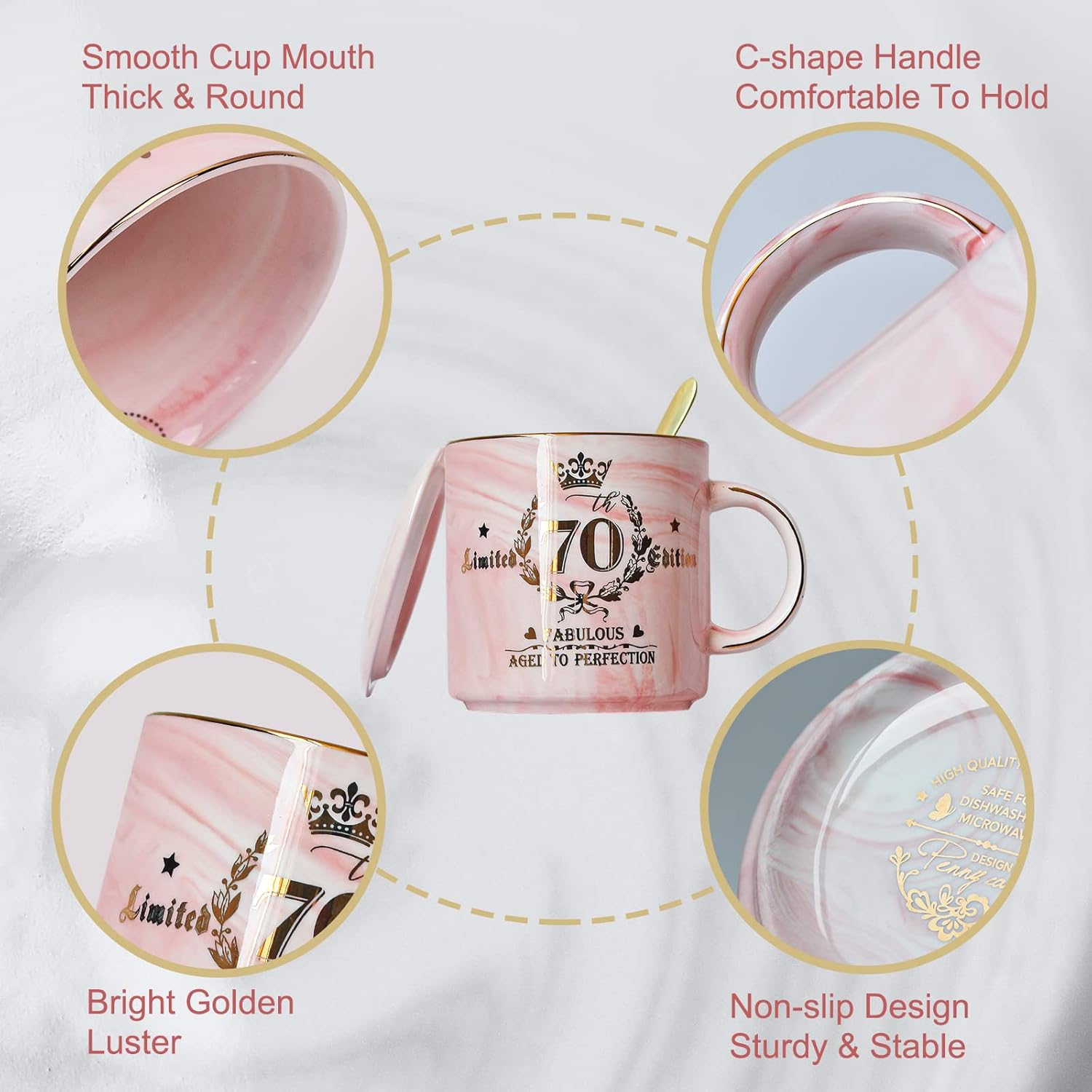 70Th Birthday Gifts for Women - 14Oz Pink Aged to Perfection Seventy Birthday Mug Printed with Gold - Happy Birthday Keepsakes Presents for 70 Years Old Grandma Mum Nanny, with Gift Box Lid Card Spoon image number 6