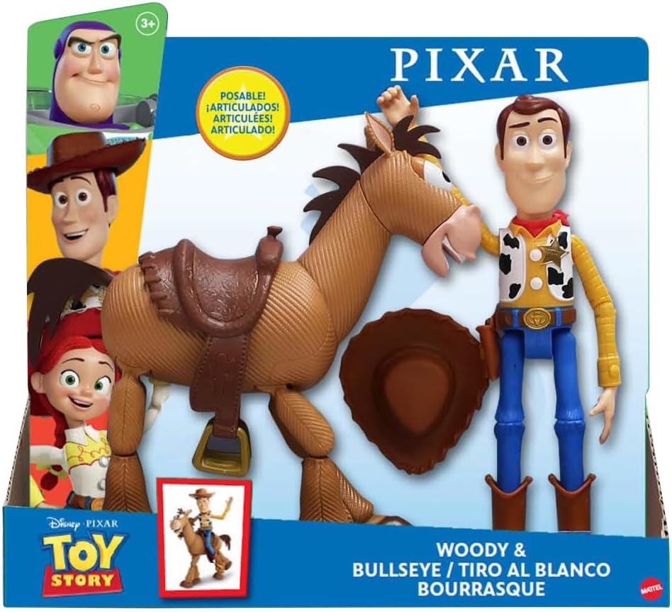 Mattel Disney Pixar Toy Story 4 Movie Set of 2 Action Figures, Collectible Pack Includes with Woody with Removable Hat & Rideable Bullseye image number 2