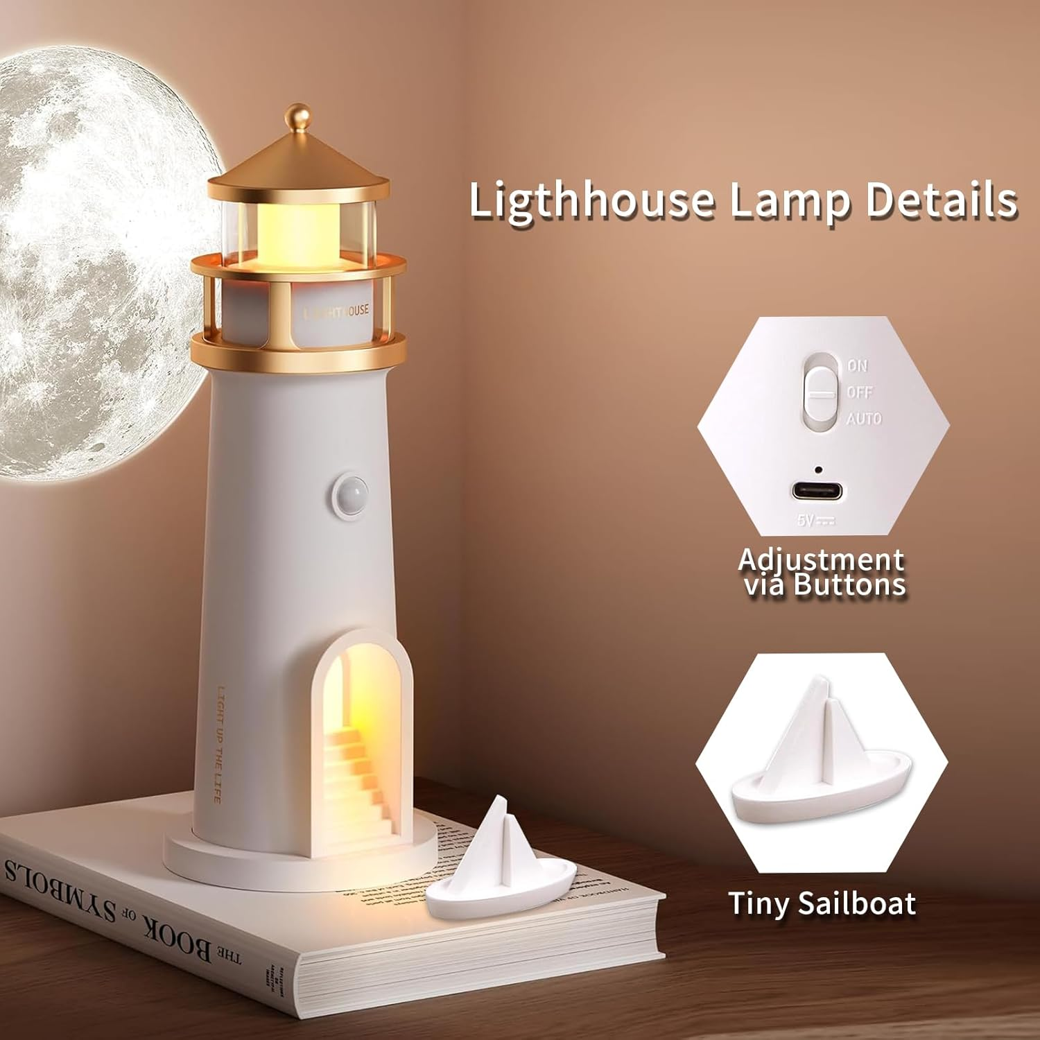 Lighthouse Projection Night Light, Moon Lamp Projector, Rechargeable Night Light for Living Room, Bedroom (Remote Control) image number 2