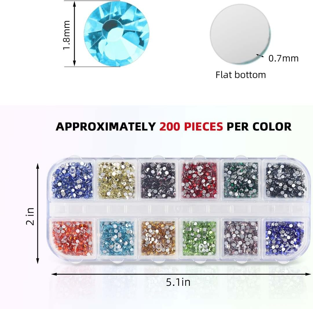 2400 Pieces Flat Back Rhinestones Colorful round Glass Gems for Nail Art & Face Makeup Flatback Crystal Rhinestone for Crafts DIY Clothes Shoes Bags Manicure Diamond Art (12 Colors) image number 1