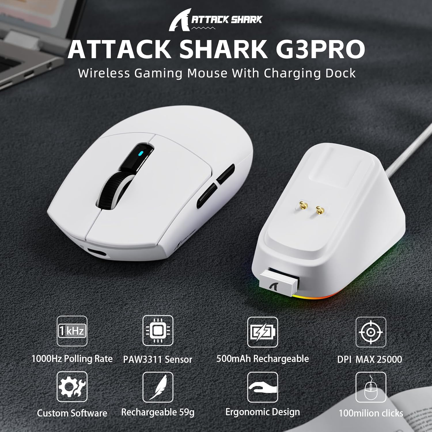 ATTACK SHARK G3PRO Wireless Gaming Mouse with RGB Charging Dock,2.4G/Usb-C Wired/Bt PAW3311 Optical Sensor 1K Polling Rate Adjustable 25K Dpi,500Mah Battery Ultra Lightweight 59G Mice (White) - Berry Red image number 7