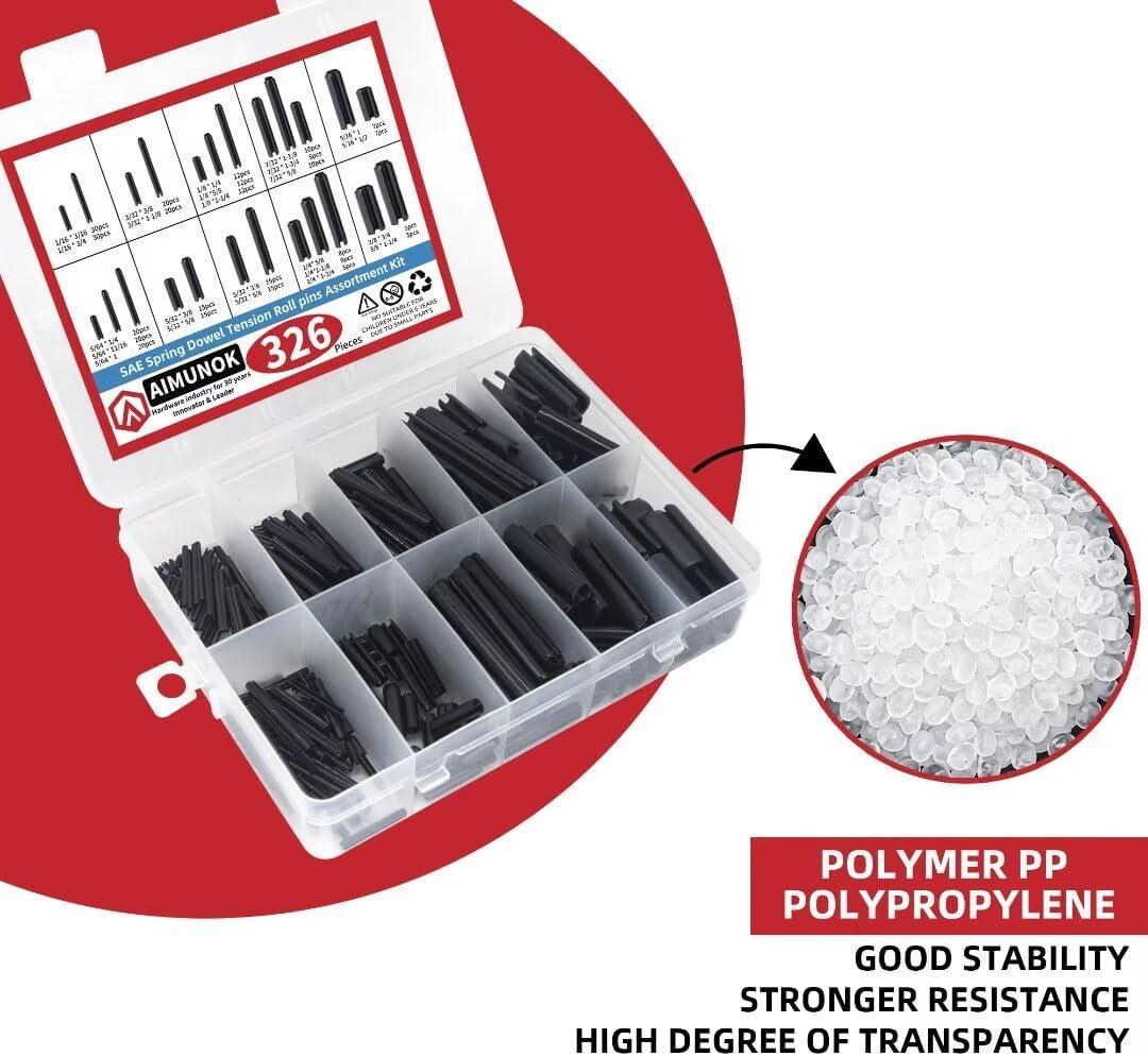 326PCS Roll Pin Set - 24 Sizes Spring Dowel Tension Roll Pins - 1/8 1/4 3/8 1/16 5/64 3/32 5/16 5/32 7/32 Split Expansion Pin Assortment Kit for Home Improvement image number 2