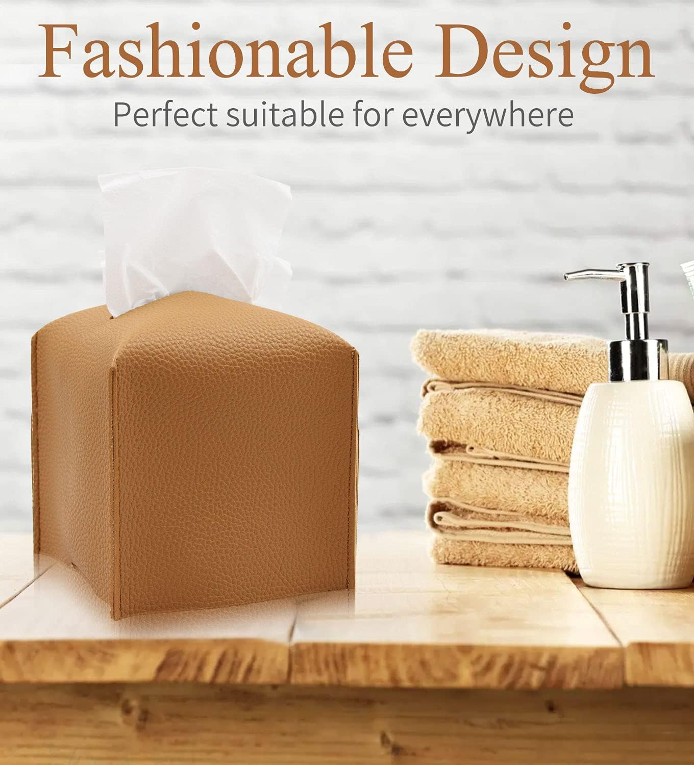 Modern Square Tissue Box Cover, PU Leather Decorative Holder Organizer with Velcro for Home, Car, Bathroom & Office Use - SZTTY (Camel) image number 4