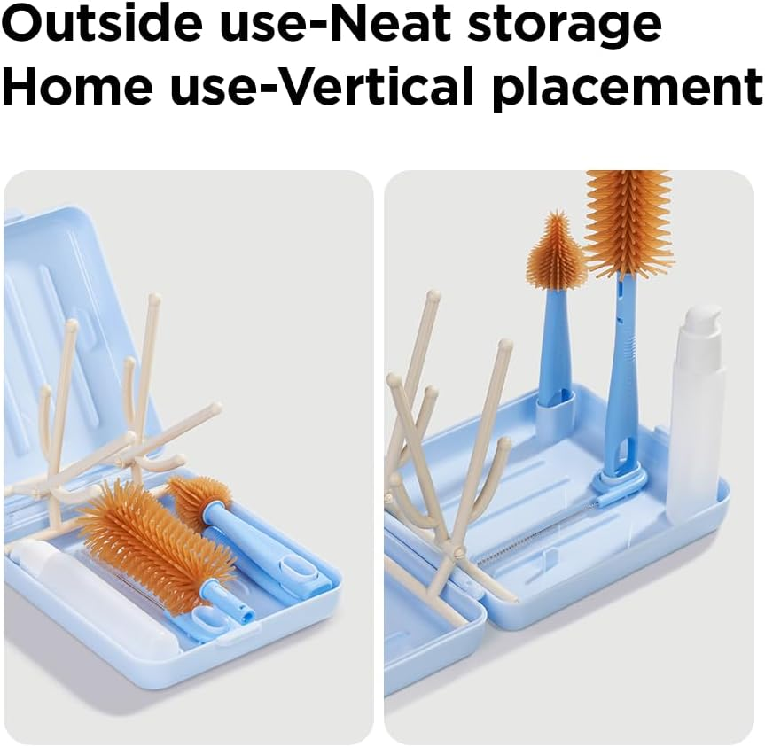 YOTIME Travel Bottle Brush, Travel Bottle Cleaner Kit with Foldable Bottle Drying Rack, for Visit Friends and Relations, Baby Travel Essentials, BPA Free, Blue - Green image number 2