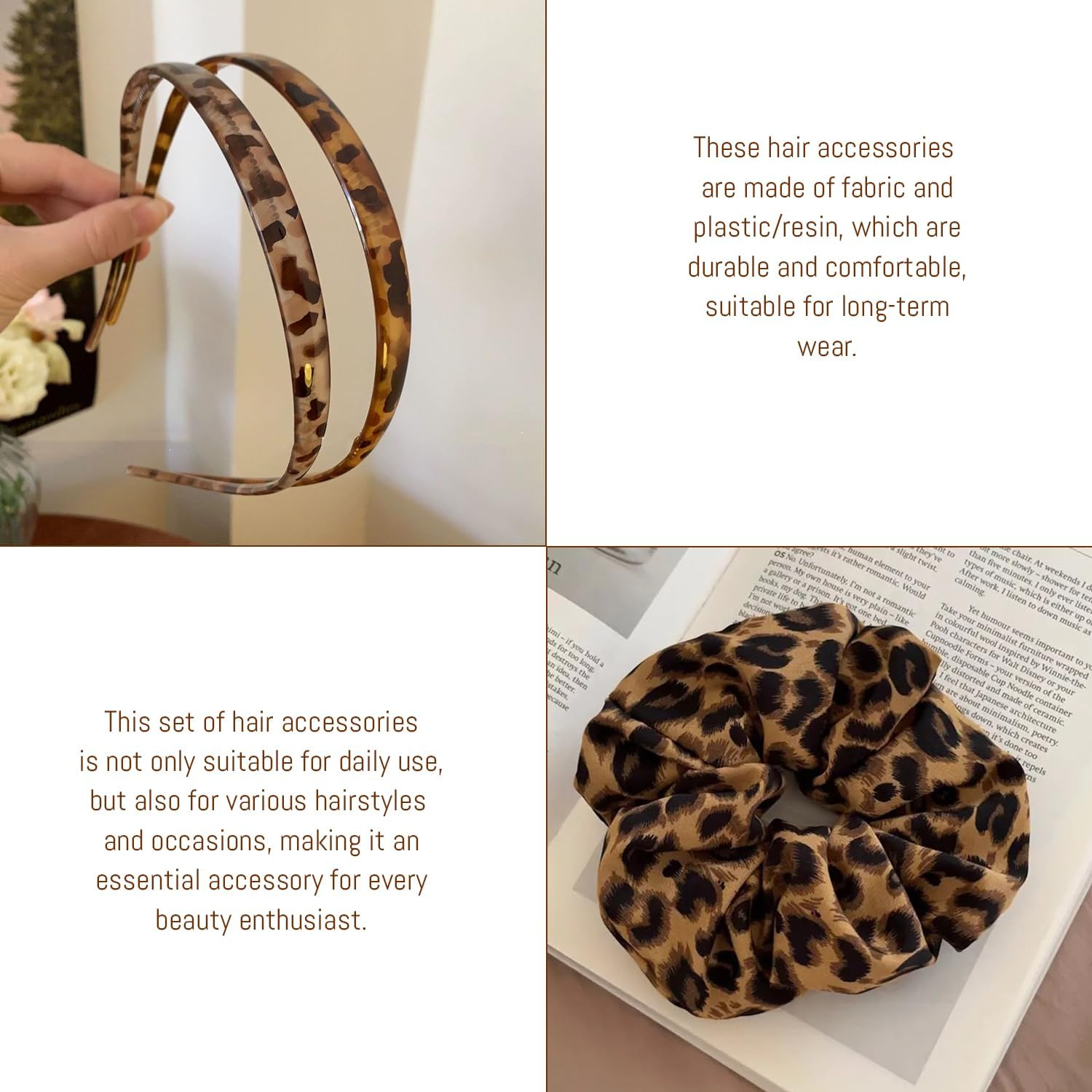 4 Elastic Hair Bands with Leopard Print and 2 Hair Bands, Elastic Retro Hair Accessories, Fashionable Fluffy Hair Ropes, Durable Hair Accessories, Daily Hair Band Accessories. image number 1