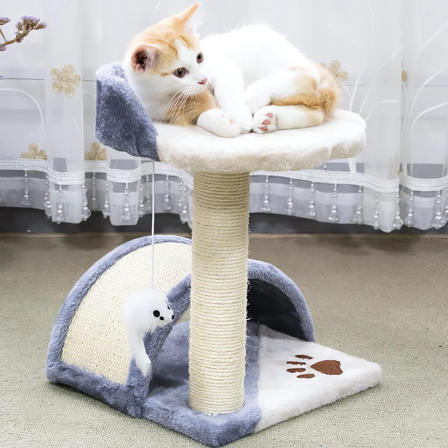 Cat Scratching Post, Cat Scratcher Tree with Cave Cat Tower and Condos Natural Sisal Post with Perch Platform, Scratching Posts for Indoor Cats for Small or Medium Pets Kitties (White Gray)