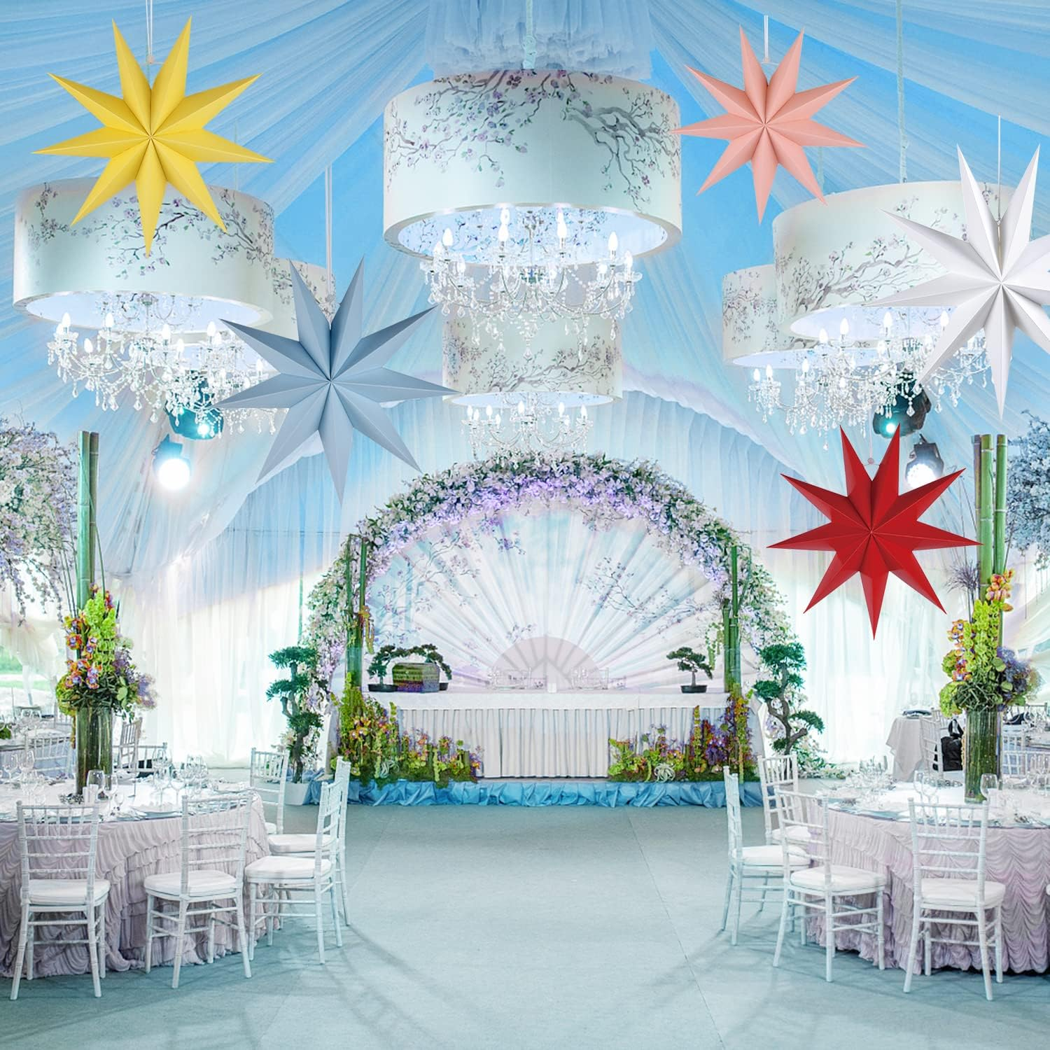 5Pack Paper Star Lantern Hanging Christmas Xmas Day Decoration for Wedding Birthday Party Home Decor (Multi-Colored) - Multicolor image number 3