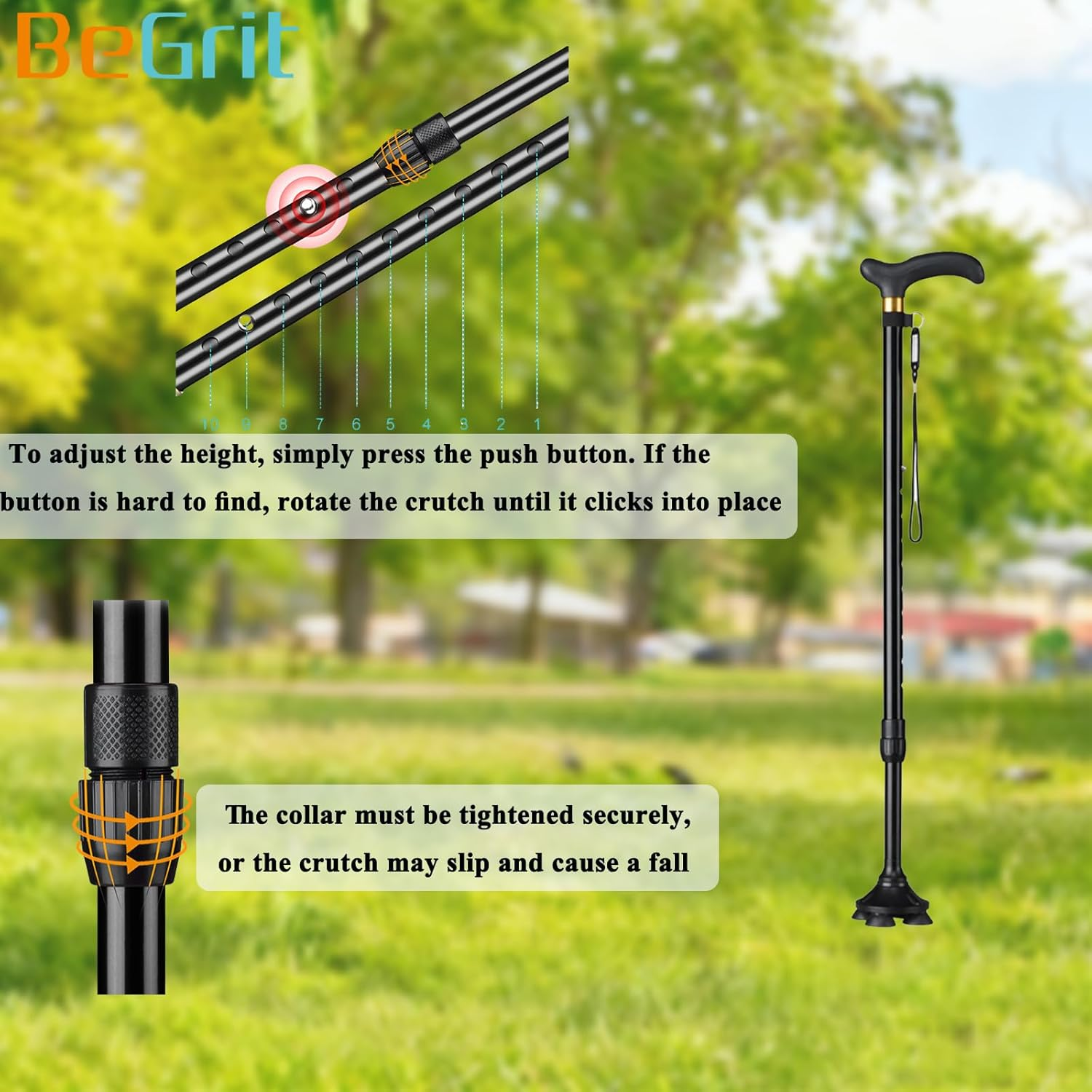 Begrit Walking Cane Black Walking Sticks- Adjustable Height for Seniors and Adults, Enhanced Stability and Support 142～188Cm - Black image number 2