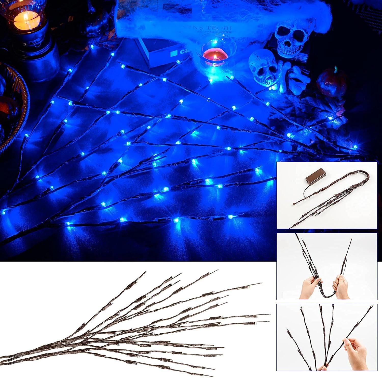 Twig Lights, 3 Pack Lighted Branches for Vases with 60 Bright Bulbs, Bendable Battery Branch Lights for Halloween, LED Lighted Willow Branches for Halloween Home Decorations (Blu-Ray) image number 2