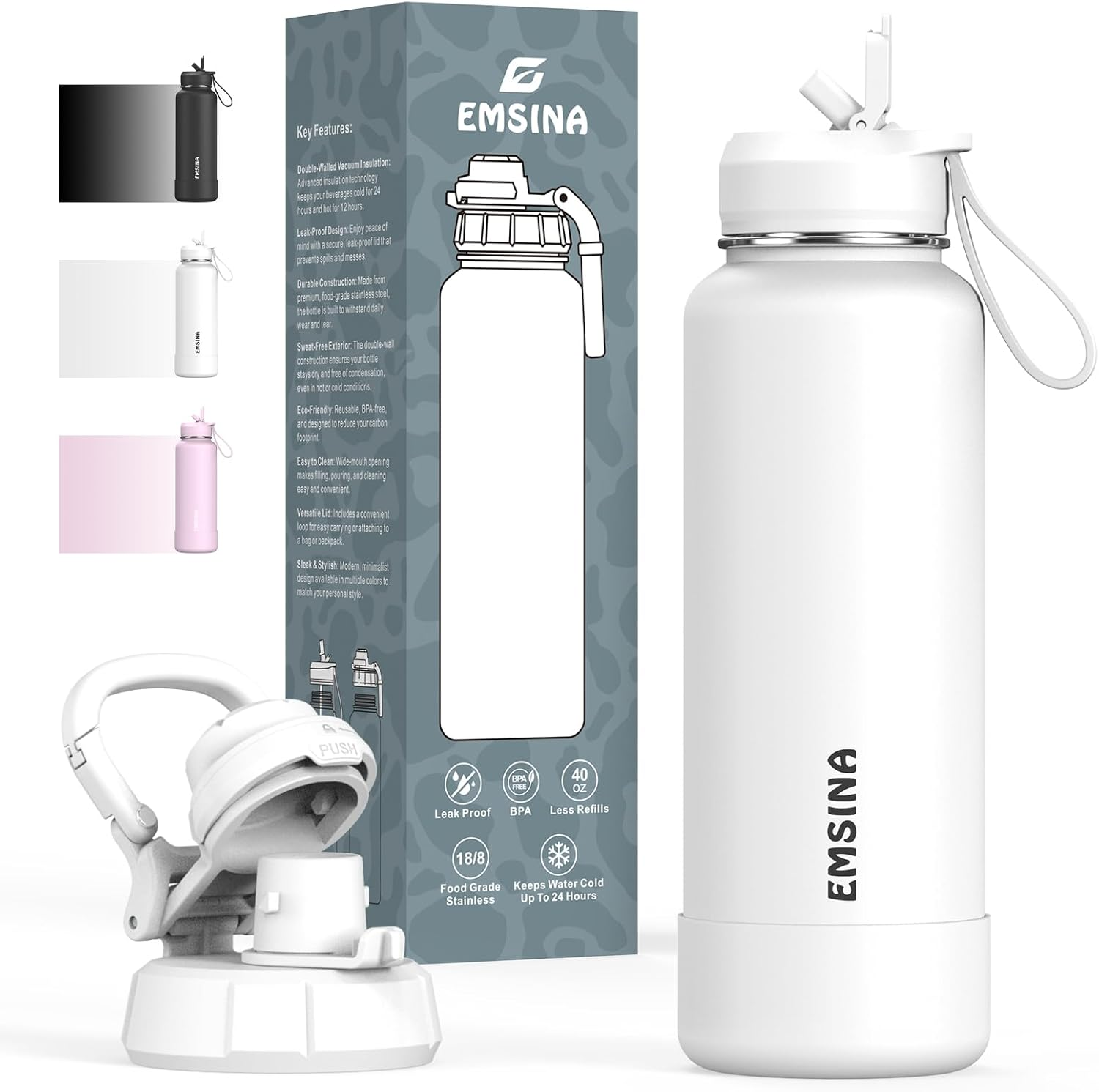 Emsina 1 Pack Insulated Water Bottle with Straw,24Oz/710Ml Stainless Steel Drinking Bottle,Leakproof Travel Cup with 2 Lids (Straw & Locking Chug Lid),Bpa-Free Sports Flask,Pink