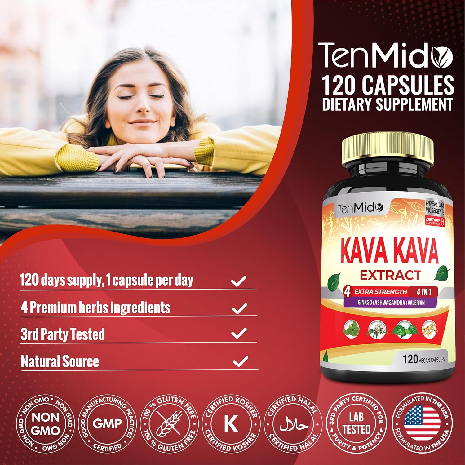 Kava Kava Supplement Extract Capsules 6550Mg, 4 Months Supply with Ginkgo, Ashwagandha, Valerian- Relaxation Supports Supplement- 120 Vegan Capsules image number 6