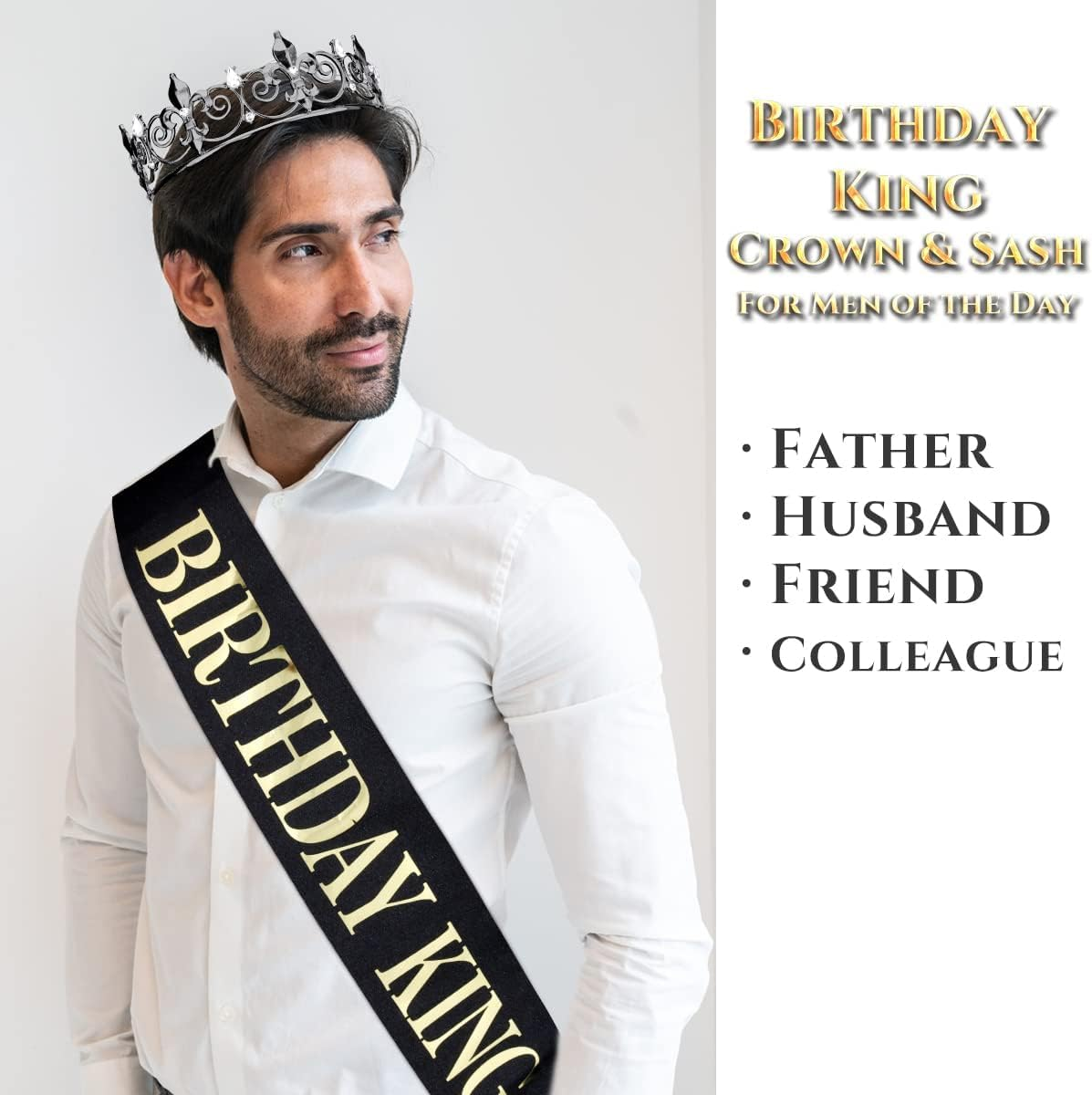3Pcs Happy Birthday Decorations for Men, Birthday King Crown and Birthday Sash Tinplate Badge Pin, Men Birthday Decorations, Birthday Crown for Men Birthday Party(Black and Gold)