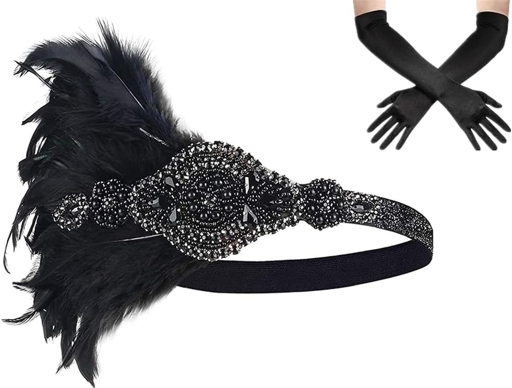 1920S Women'S Feathered Clamshell Vintage Headwear Roaring 1920S Awesome Headband and 1 Pair of Vintage Gloves image number 3
