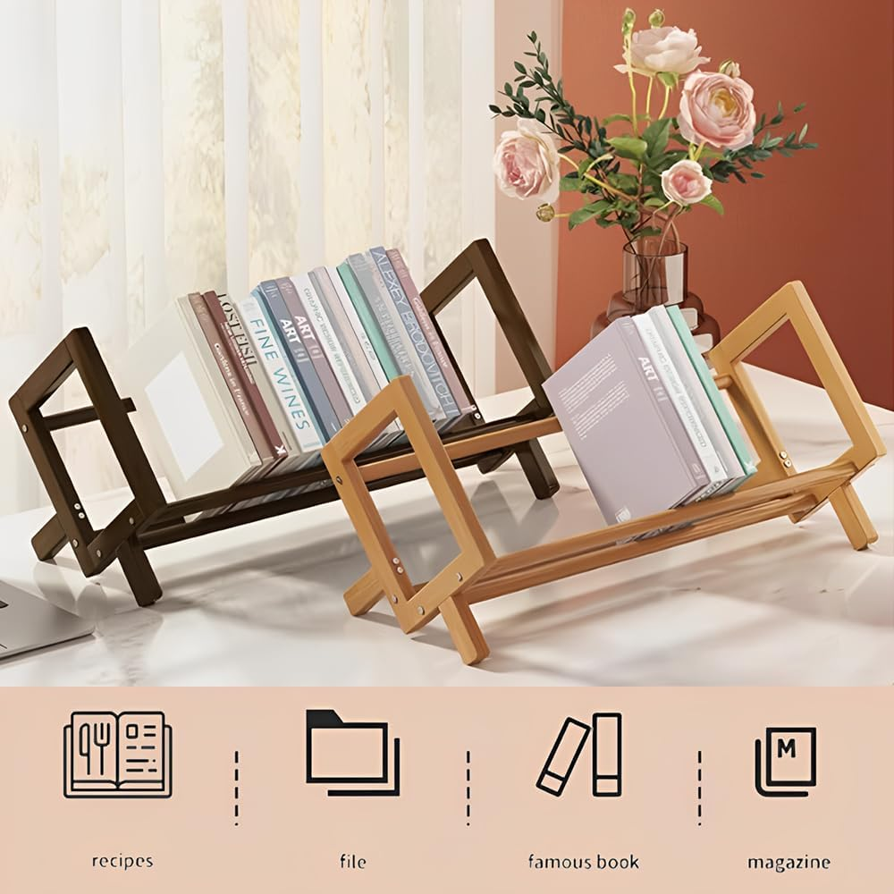 TOMVAES Bamboo Desktop Bookshelf,Desktop Book Shelf Organizer Bookshelves Storage Rack Simple Tabletop Tilted Bookcase for Books/Magazine/Cds Display (Light) - Light image number 6