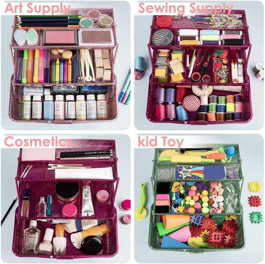 Bjworeye Glitter Pink & Craft Tool Storage Box,3-Layer Stackable Carry Tackle Box Sewing Box Organizer for Art image number 4