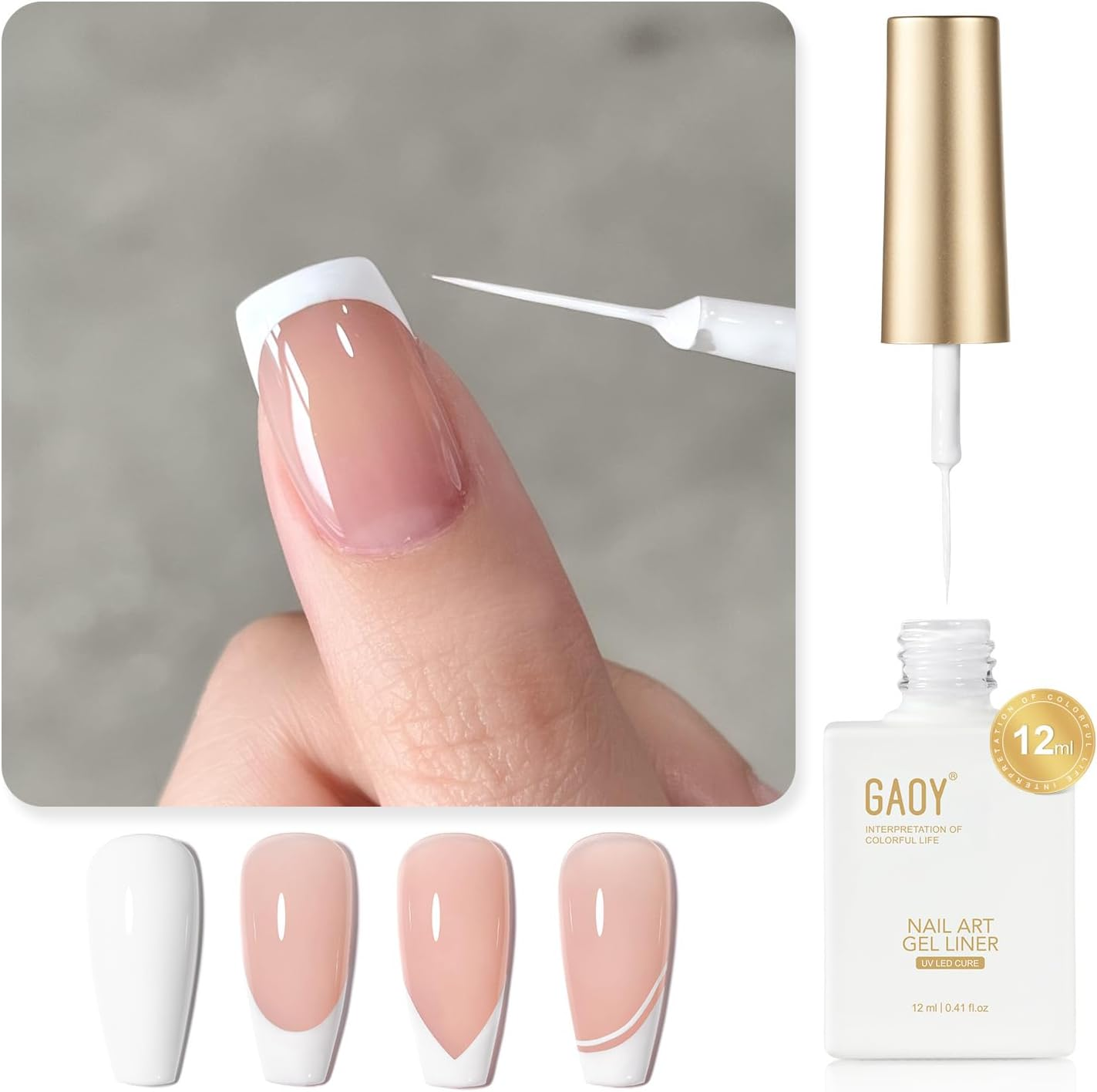 GAOY White Swirl Gel Nail Polish Art Liner, 12Ml Classic Color Nail Paint Design with Thin Brush, UV Light Cure for DIY French Manicure at Home image number 3