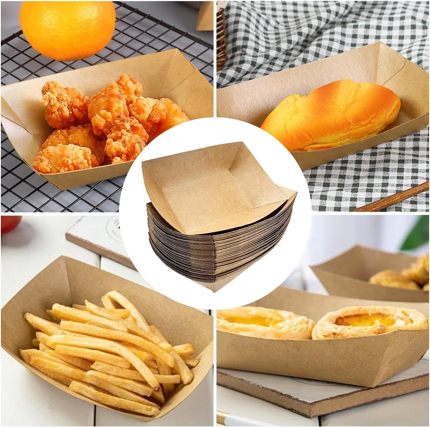 YANGWEN Pack of 50 Kraft Cardboard Bowls, Finger Food Boats, Paper Plates, Snack Bowls, Finger Food Bowl for Chips, Snacks, Macaroons and Other Foods
