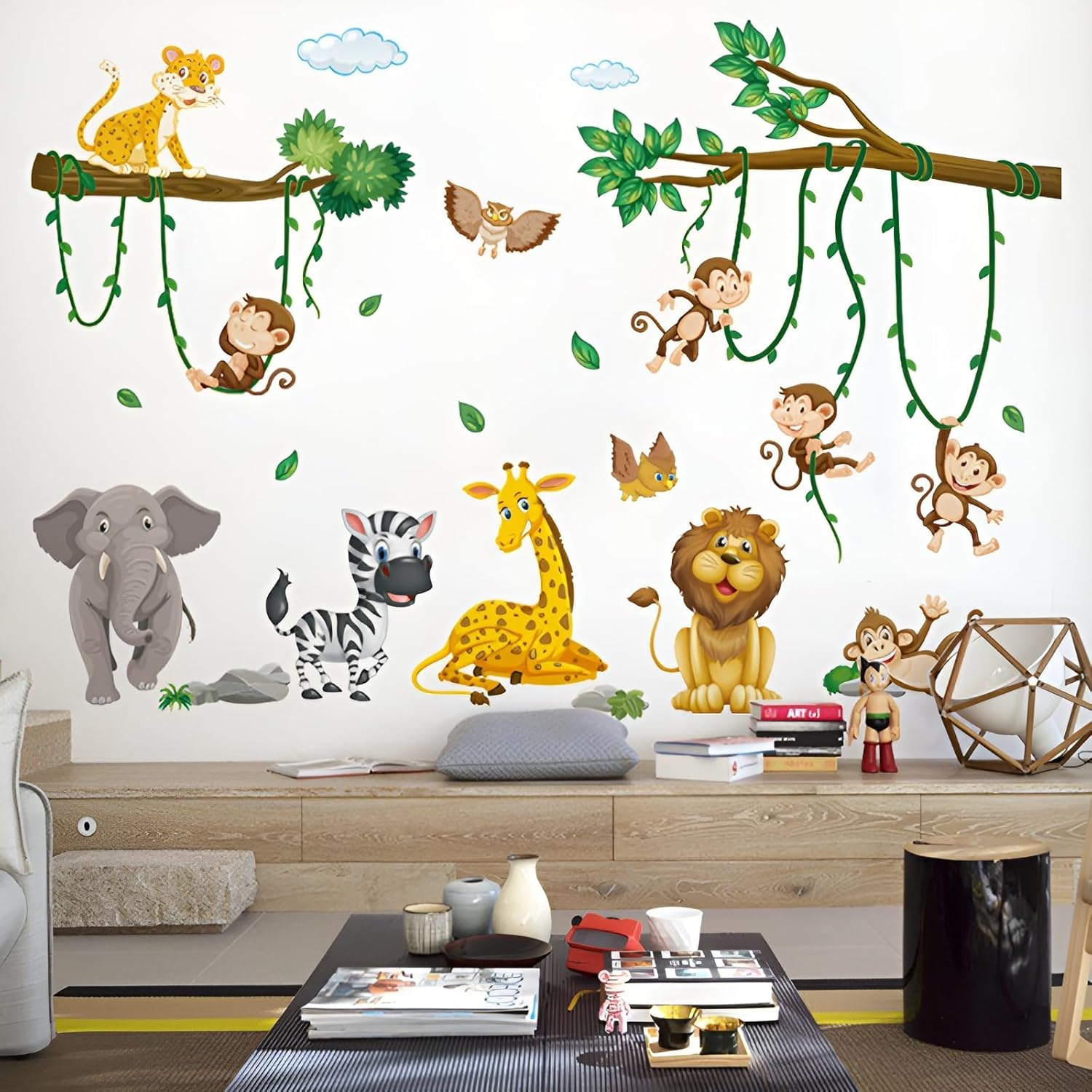 Large Jungle Animal Wall Decals, Animal Party Windows for Early Education Children'S Room, Nursery Decorated with Giraffe Elephant Monkey Tree Branches image number 4