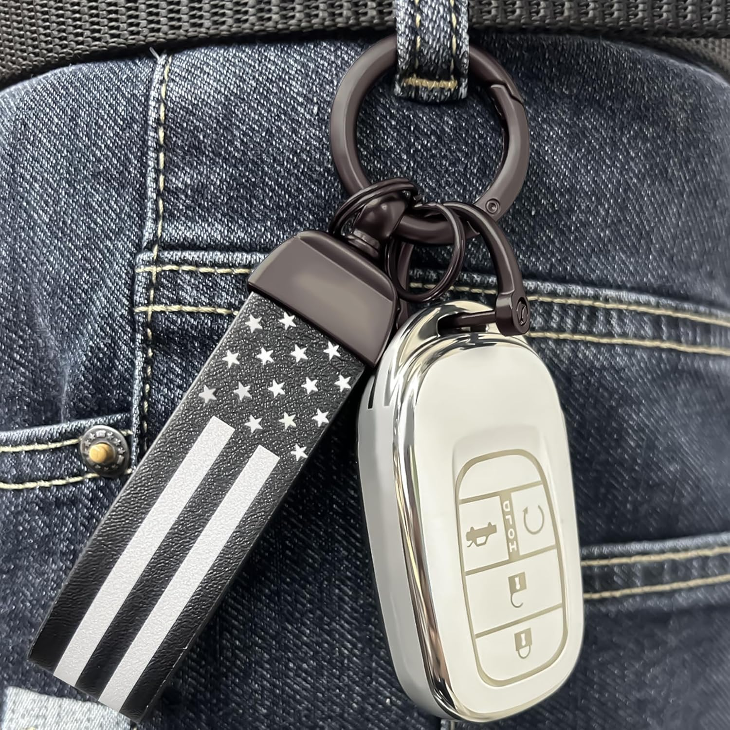 JUNJIAWU Leather Car Key Chain: American USA Flag Car Keychain with Zinc Alloy Ring Carabiner for All Car Key Accessories image number 5