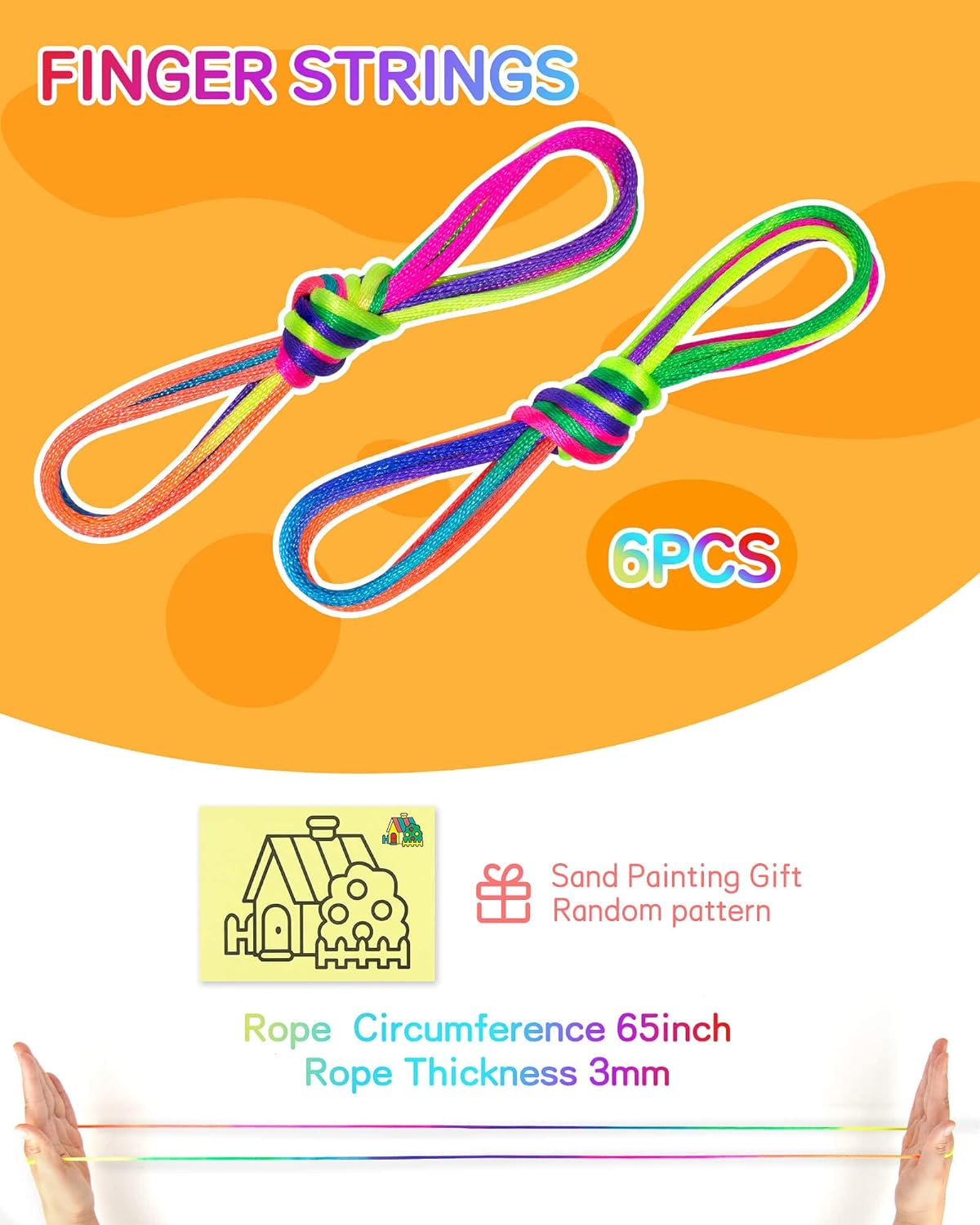 SONGTIY 6PCS Cats Cradle String, 65 Inch Long Rainbow Colourful Finger Rope, Chinese Finger String Games Toy for Kids, Adults, Children'S Day, with a Sand Painting, Rainbow image number 2
