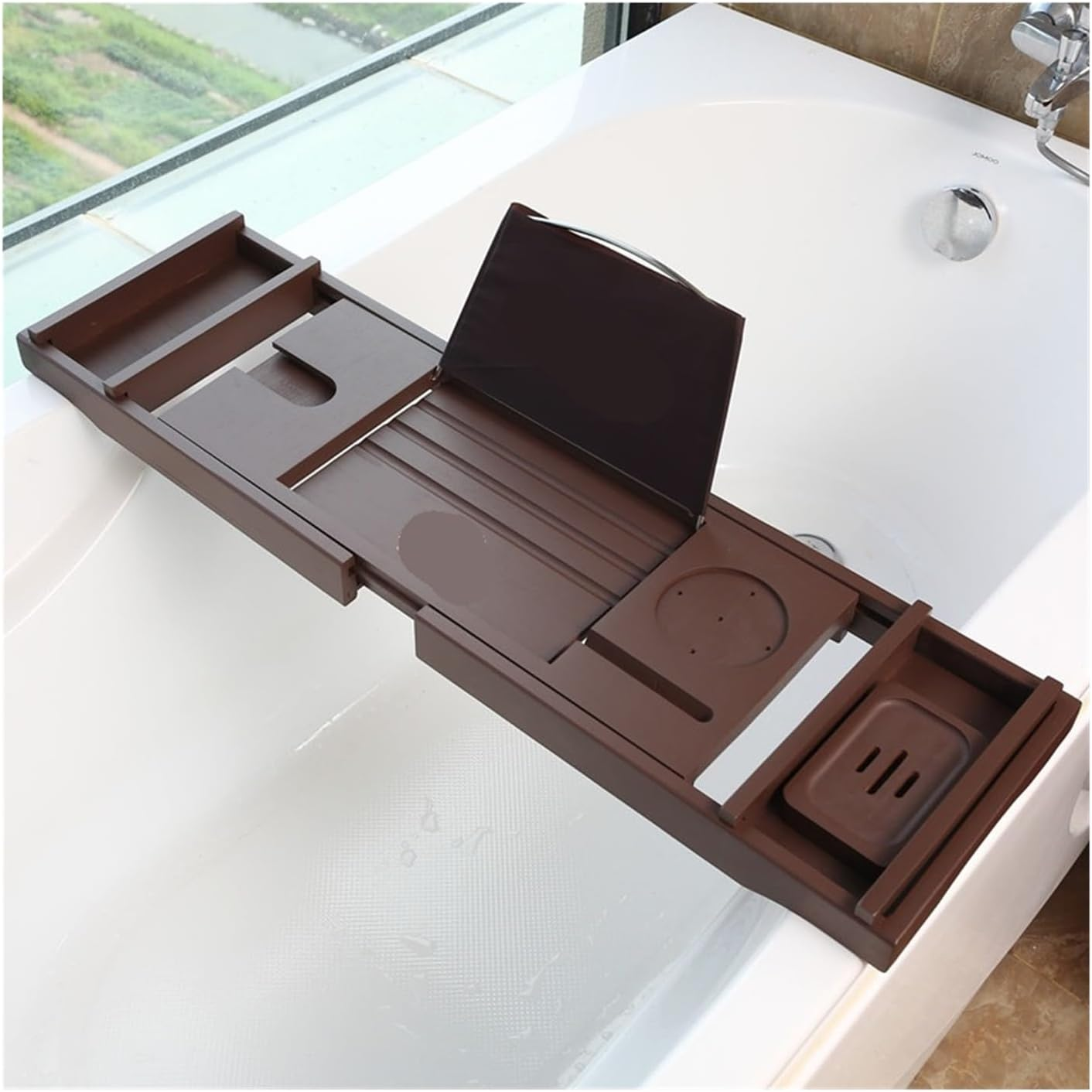 Nordic Extendable Bamboo Bathtub Tray Premium Bath Caddy Organizer with Adjustable Shelf Stylish Spa Storage Board for Hotel(Gray) - Brown image number 4