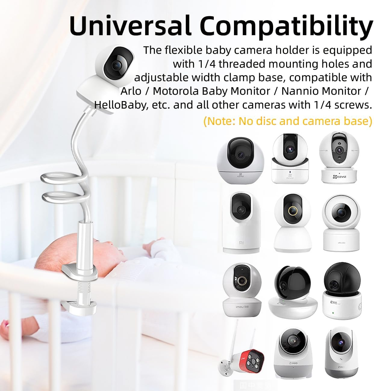 Eymann Universal Baby Monitor Holder-Flexible Baby Monitor Mount with 1/4 Screw,No Drilling Required Crib Camera Stand,Compatible with Arlo, Motorola, Hello Baby and Most Monitor Cameras(Clip on 0.8M)