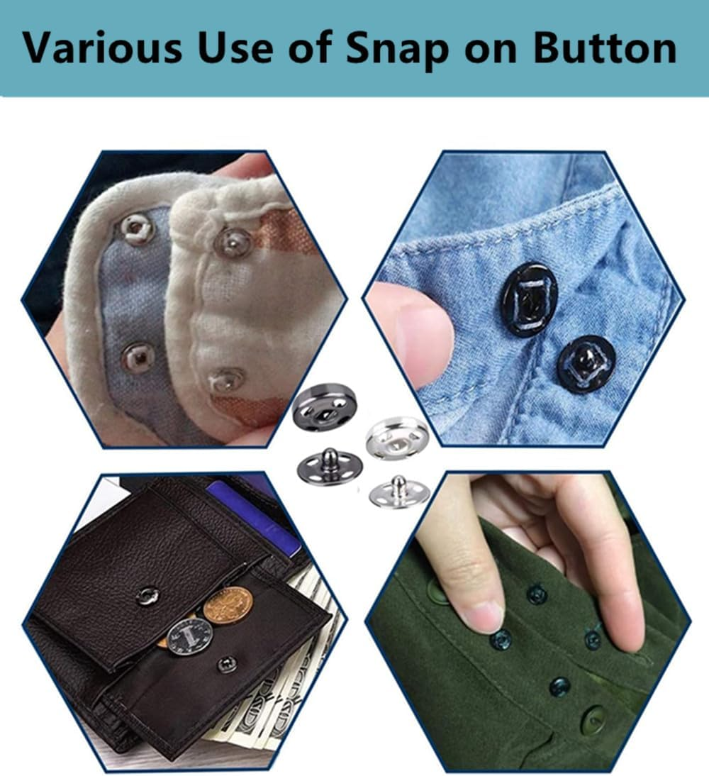 Snap Buttons,120 Sets Clothes Hidden Button, Sew-On Snap Buttons Metal Snaps Fasteners Press Studs Buttons for Clothes Sewing Craft, 8.5 Mm and 10 Mm（Black and Silver） image number 2