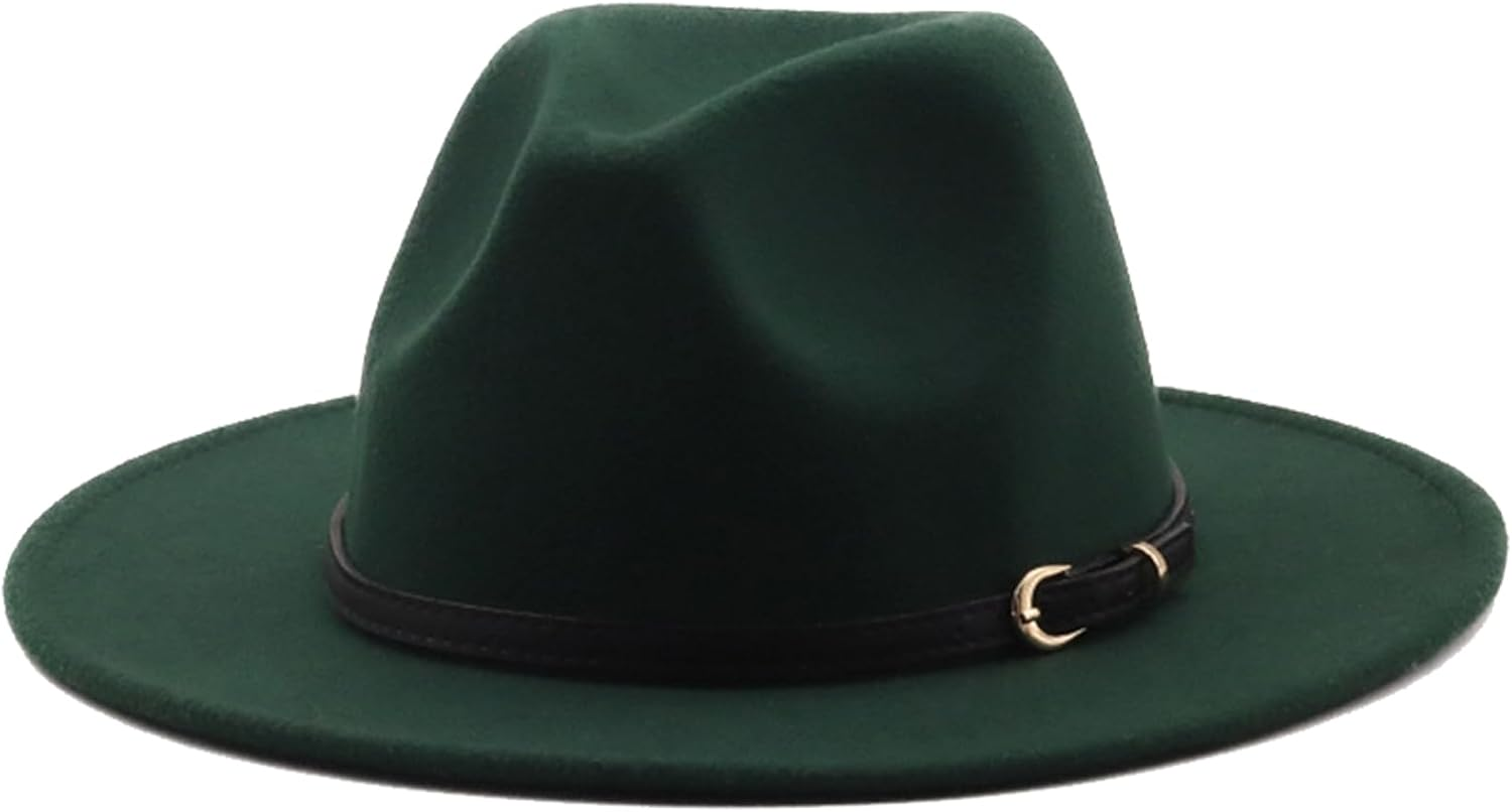 HEYANN Classic Wide Brim Fedora Hat Men Women Wool Felt Fedora Jazz Hat Retro Panama Fedora Hats Gentleman Jazz Cap with Belt Buckle for Beach Party