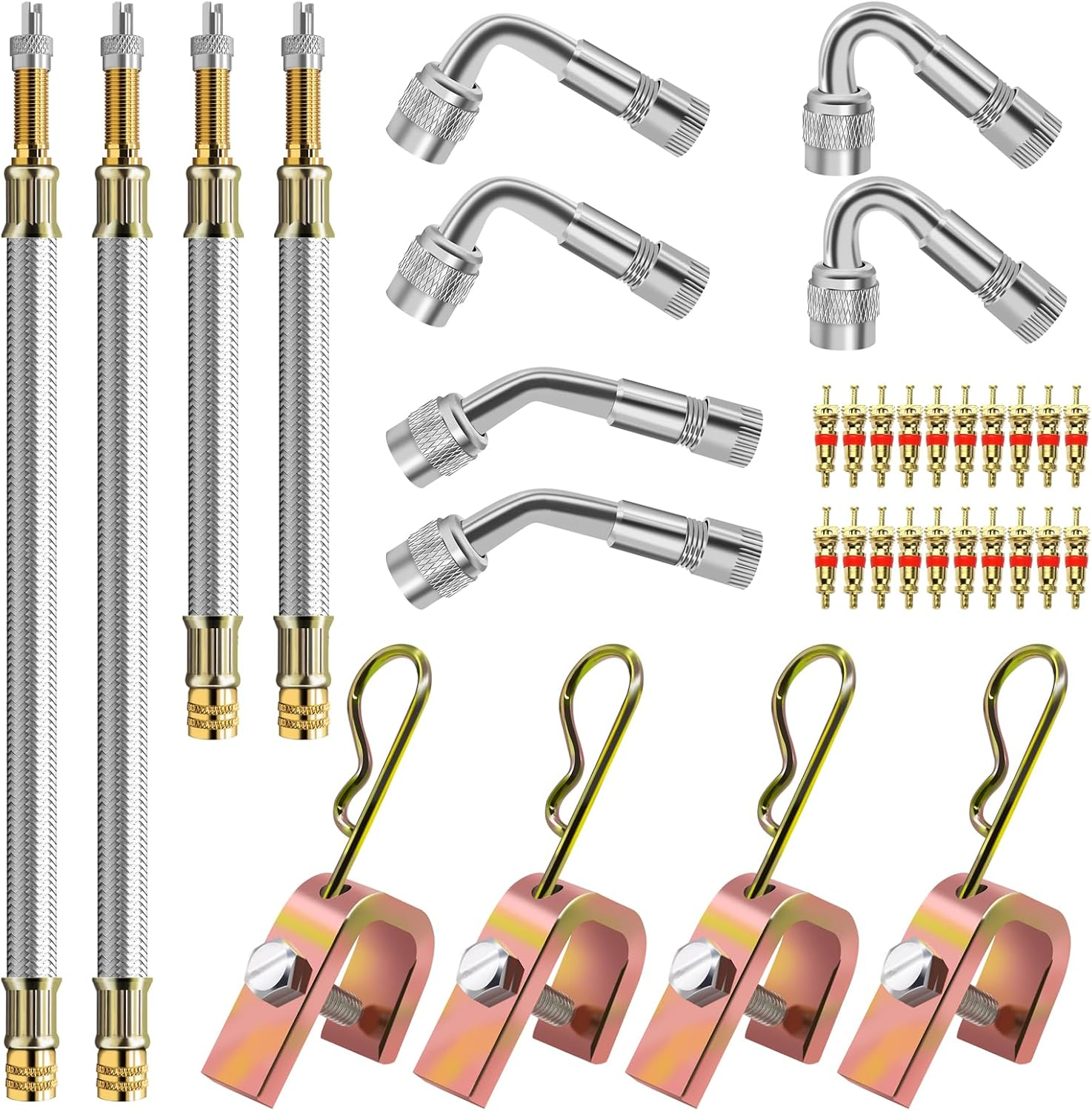 15Pcs Valve Stem Extension with Tire Valve Stem Cores Kit, 45 90 135 Degree Stainless Steel Valve Stem Extender and 7" 12" Brass Braided Stem Extension Adaptors for Most Cars Truck image number 2
