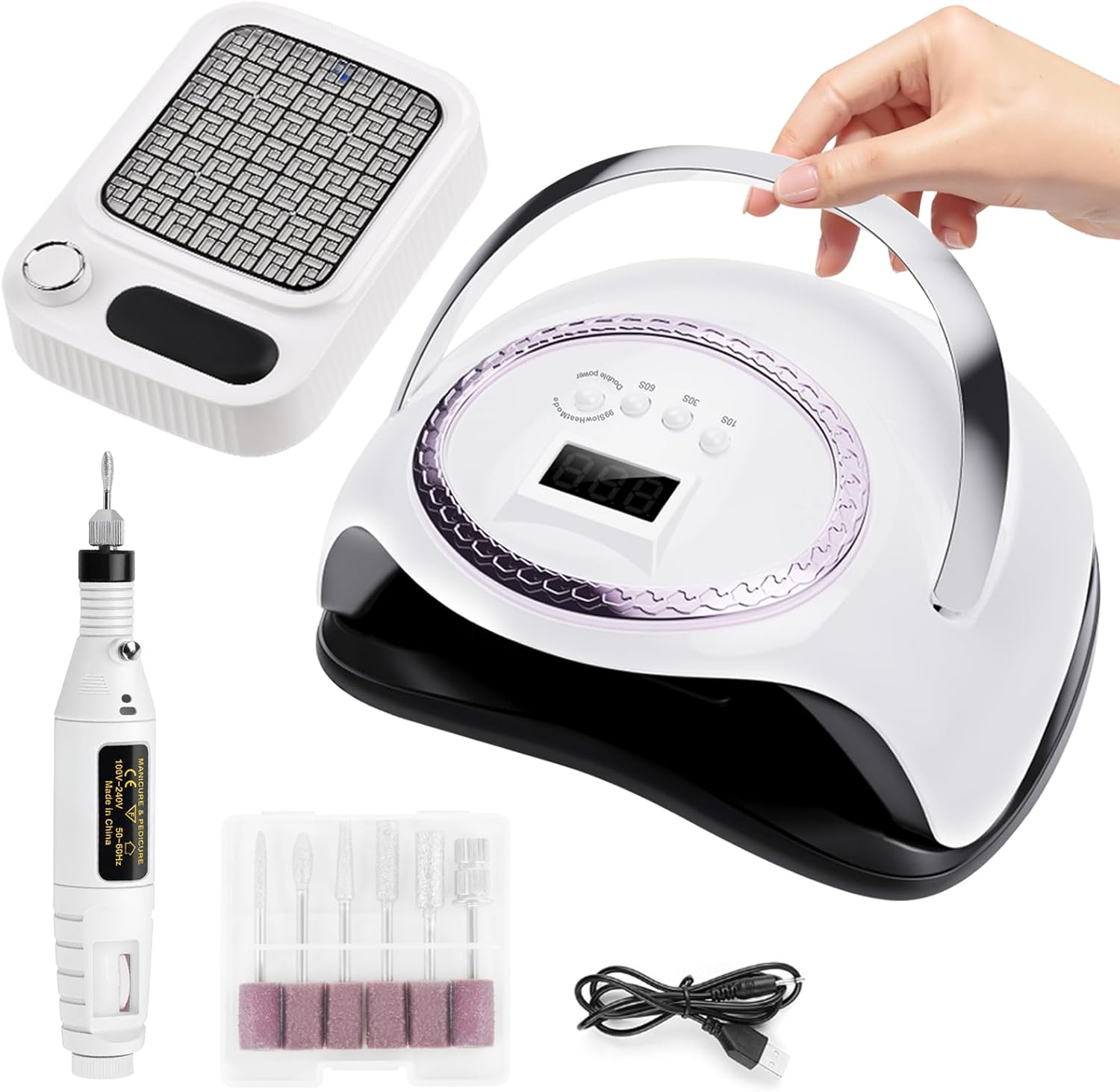 Advwin Professional 3-In-1 Nail Set: UV/LED Nail Lamp + Nail Dust Collector + Electric Nail Drill Kit, USB Power & 6 Grinding Bits image number 6