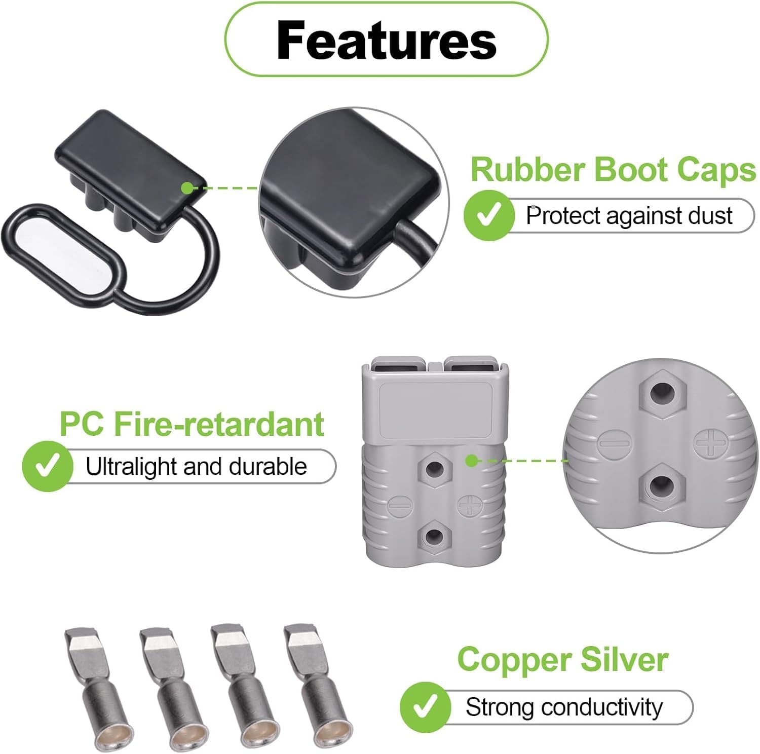 Anderson Style Plug Connectors, 50AMP Wire Harness Plug Kit for 6-12 Gauge Cables, 12V-36V Battery Quick Connect Disconnect Set for Car Bike ATV Winches Lifts Motors Trailers More, Set of 4, Grey image number 6