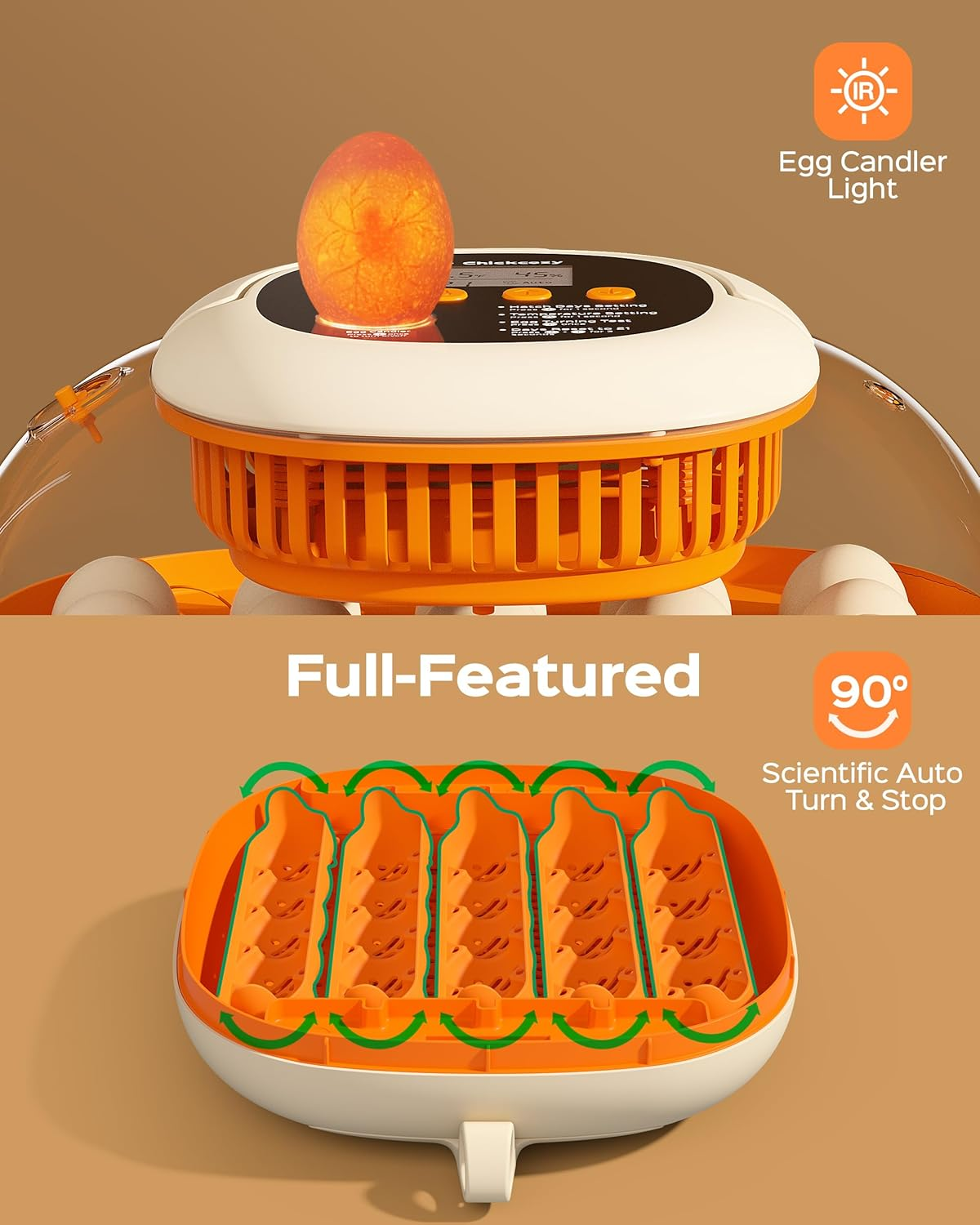 [2024 Upgrade] 25 Egg Incubator, Automatic Egg Turner with Thermometer Seat and Humidity Control, Egg Candler, 360&deg; View with Clear Window, Incubators for Hatching Chicks (Sunlit Orange) image number 4