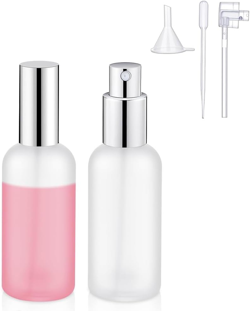 Frosted Glass Spray Bottles, Refillable Perfume Atomizer with Dispenser Kit, Leak-Proof Fine Mist Travel Bottles for Fragrance, Essential Oils (Silver*2, 100Ml) image number 5