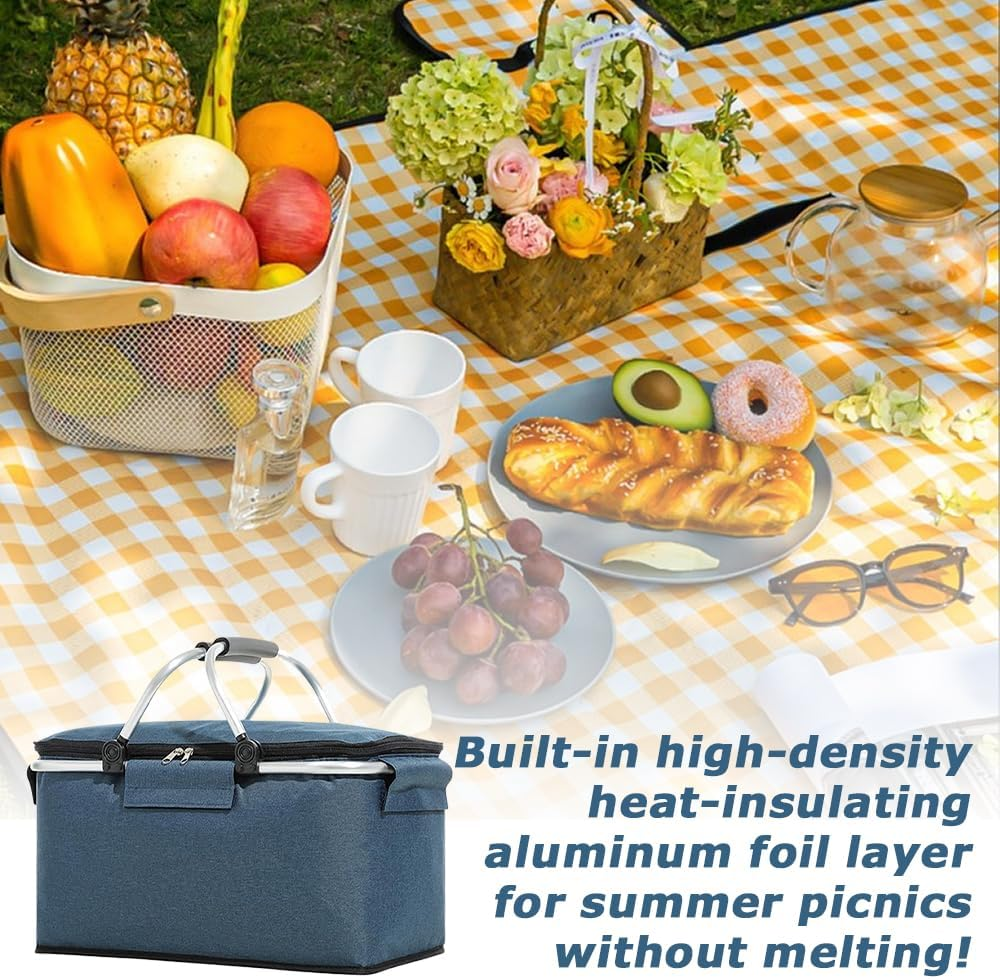 Insulated Picnic Basket Collapsible Picnic Basket with Lid Leak-Proof Cooler Bag for Picnic,Food Delivery,Take Outs,Market Shopping,Travel, Blue image number 3