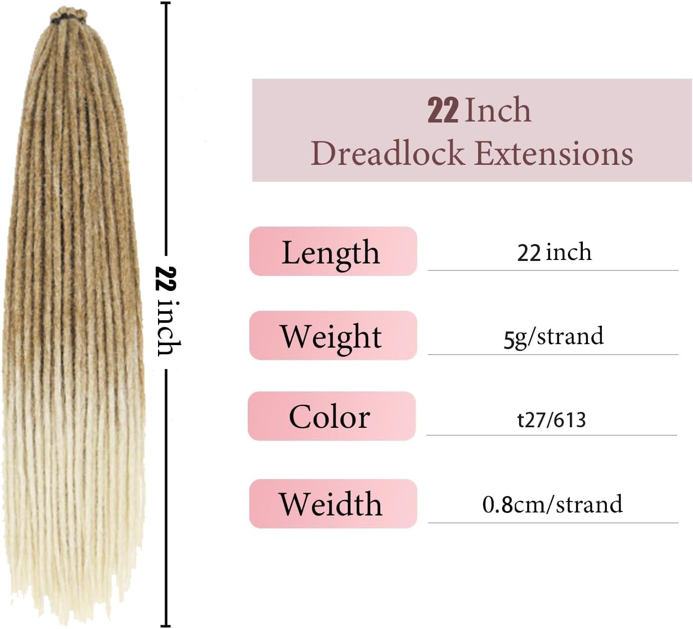 22 Inch Dreadlock Extensions Single Ended, Ombre Light Brown to Blonde Thin 0.8Cm Dreads, 10 Pcs Synthetic Braid-In Reggae Hippie Crochet Dreads for Women - 30 image number 4