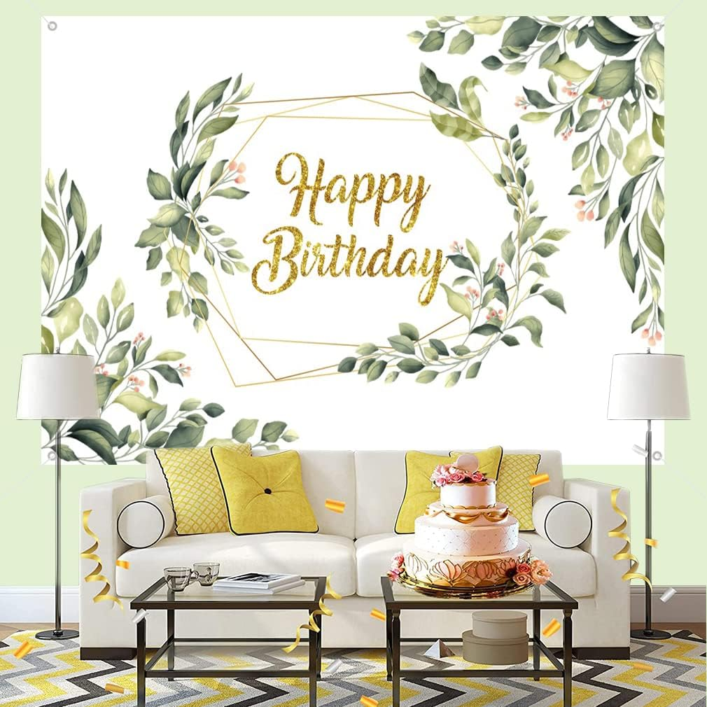 Happy Birthday Backdrop Gold Eucalyptus Greenery Leaves Birthday Banner Birthday Decorations Happy Birthday Photobooth Props for Birthday Party Supplies for Women 150Cm X 90Cm image number 4