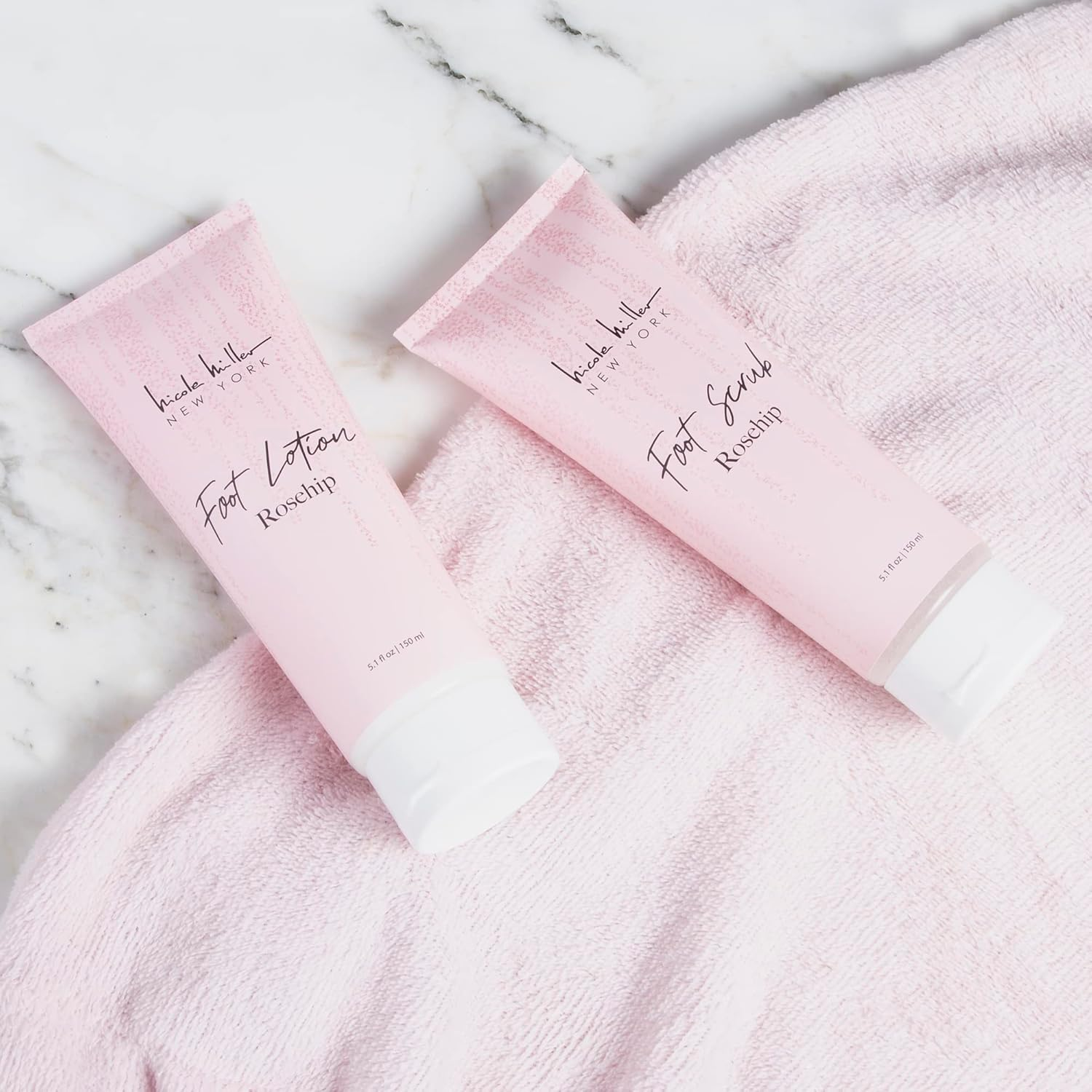 Nicole Miller Bath and Body Present Set Piece Foot Spa Set with Fuzzy Slippers, a Sponge, Foot Lotion, and Foot Scrub, Rosehip with Sparkle Star Slippers image number 1