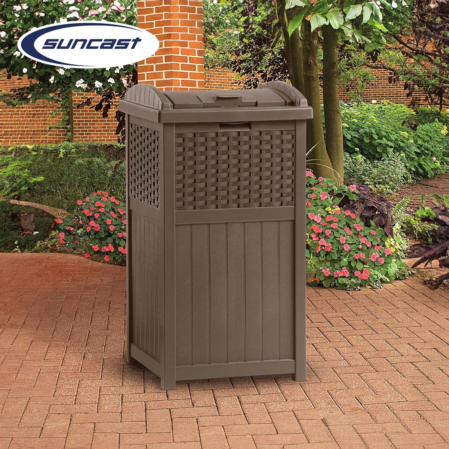 Suncast 33 Gallon Hideaway Can Resin Outdoor Trash with Lid Use in Backyard, Deck, or Patio, 33-Gallon, Brown - Brown image number 3