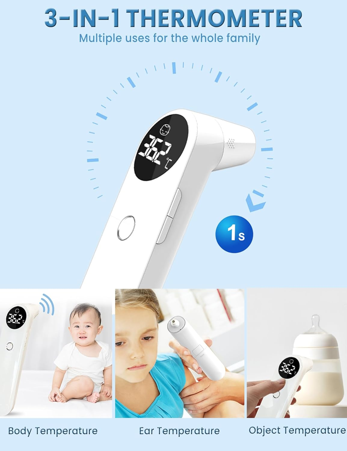 3-In-1 Baby Thermometer for Forehead, Ear & Object No Touch Digital Infrared Thermometer with LED Display, Fever Alarm Silent Mode Memory Recall, Accurate Termometro for Infant Toddler Adult image number 4