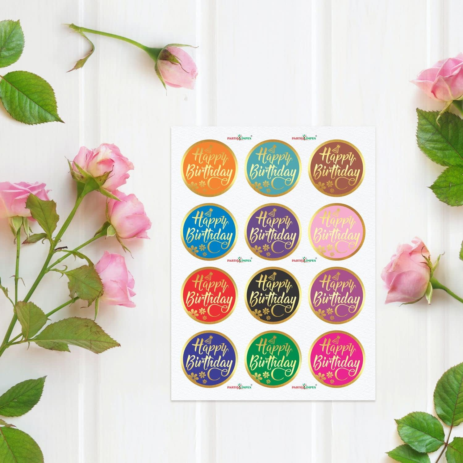 PARTH Impex Happy Birthday Stickers Seals Labels (Pack of 120) 2" Large round Gold Foil Stamping for Cards Gift Envelopes Boxes