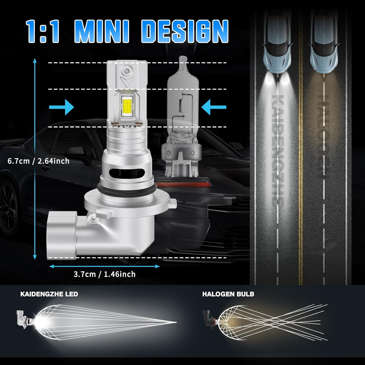 Kaidengzhe 9006 LED Headlight Bulb, Super Bright LED HB4 Bulb with Fan, 1:1 Mini Size 16000LM 6000K White 12V 9006 Front Fog Light Plug & Play Car Hi/Lo Beam Halogen Replacement, Pack of 2 image number 4