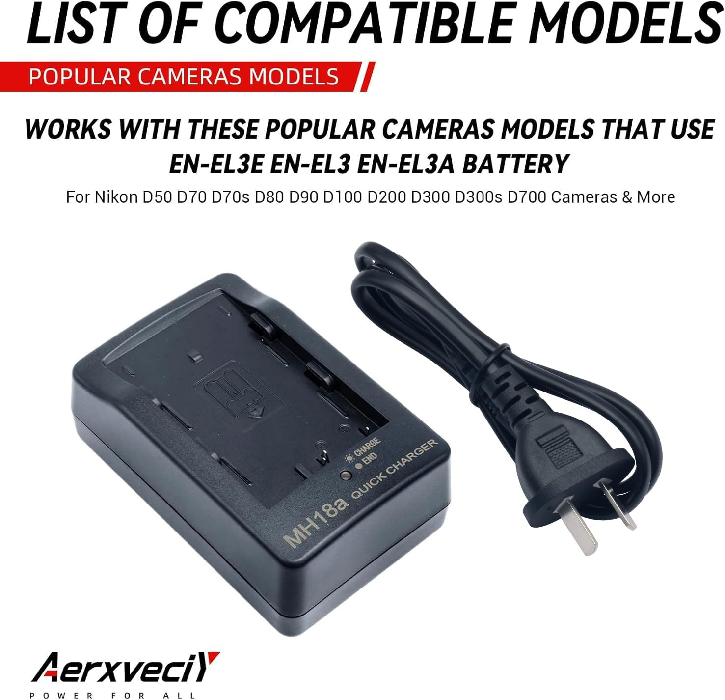 Mh-18A Battery Quick Charger for Compatible with Nikon EN-EL3 En-El3E En-El3A Batteries for D50 D70 D70S D80 D90 D100 D200 D300 D300S D700 Digital SLR Cameras Power Supply